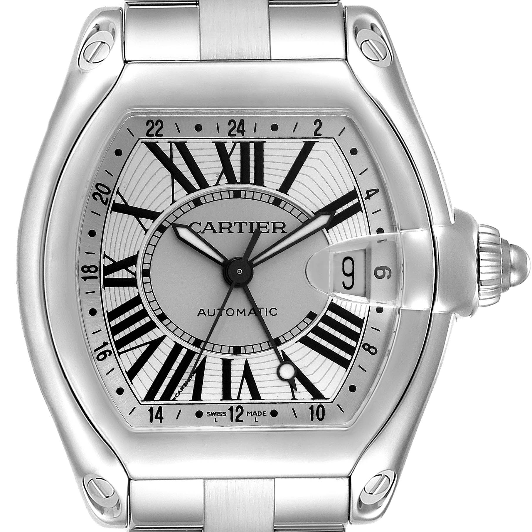 This image shows a front view of the Cartier Roadster W62032X6 Men's Stainless Steel Silver Dial W62032X6 Men's Stainless Steel Silver Dial watch, highlighting its dial, case, and bracelet.