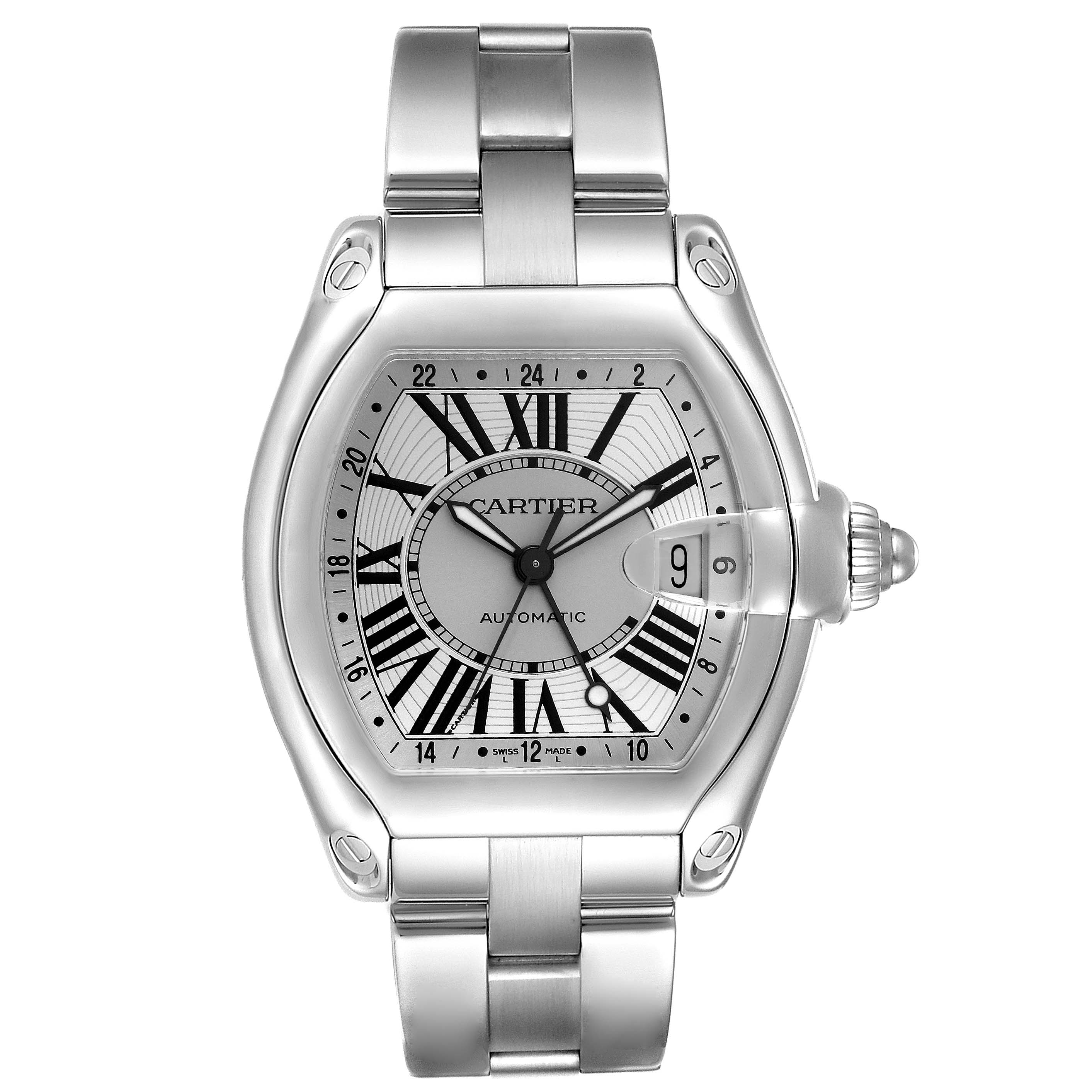 The image shows a frontal view of a Cartier Roadster W62032X6 Men's Stainless Steel Silver Dial W62032X6 Men's Stainless Steel Silver Dial model watch, highlighting the face, bezel, and bracelet.