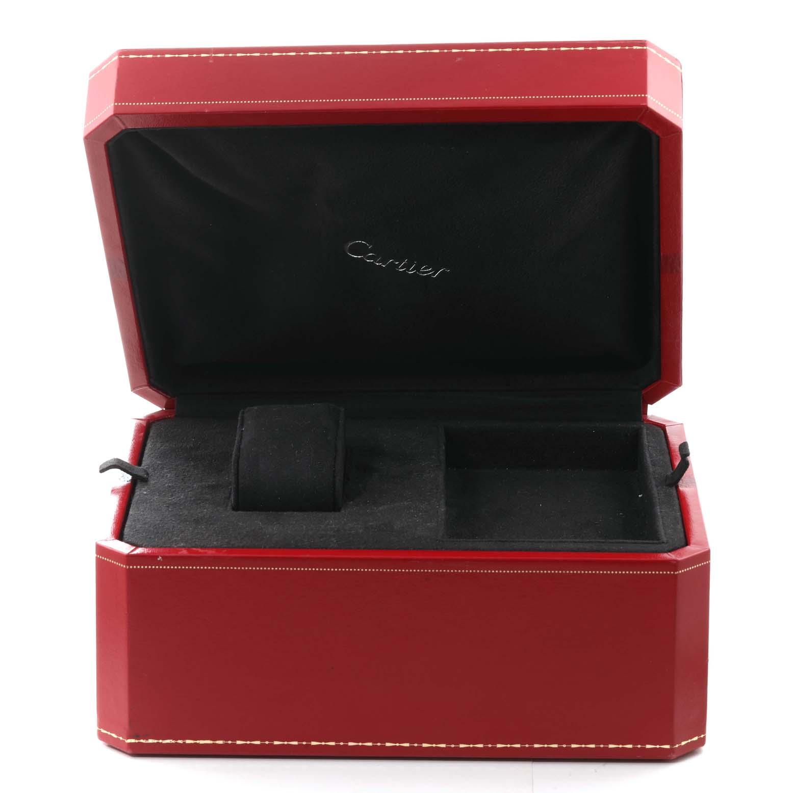 The image shows an open watch box for the Cartier Roadster W62032X6 Men's Stainless Steel Silver Dial W62032X6 Men's Stainless Steel Silver Dial model, revealing a cushioned interior for storing the watch.