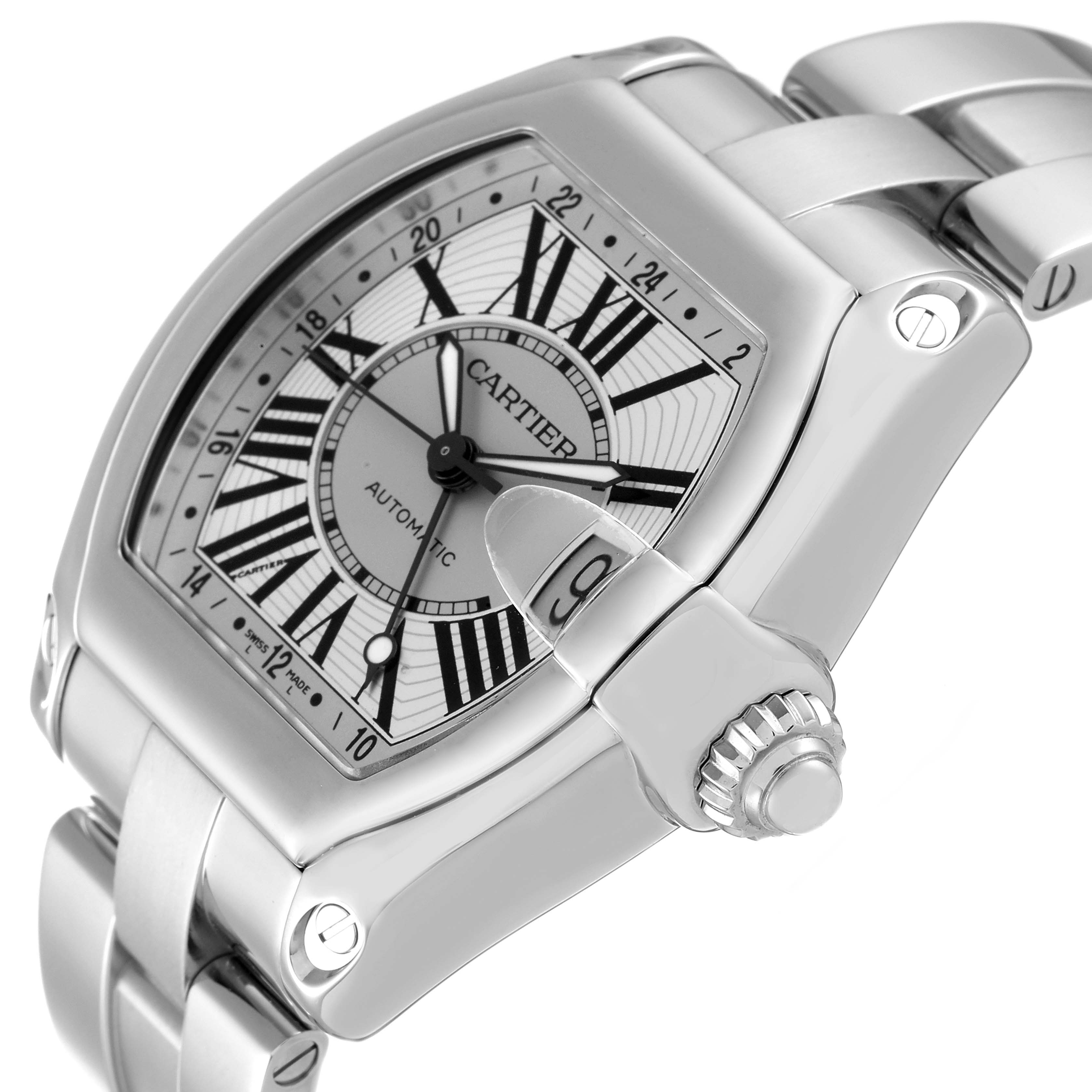 The image shows a close-up of the dial, crown, and part of the bracelet of a Cartier Roadster W62032X6 Men's Stainless Steel Silver Dial W62032X6 Men's Stainless Steel Silver Dial watch.