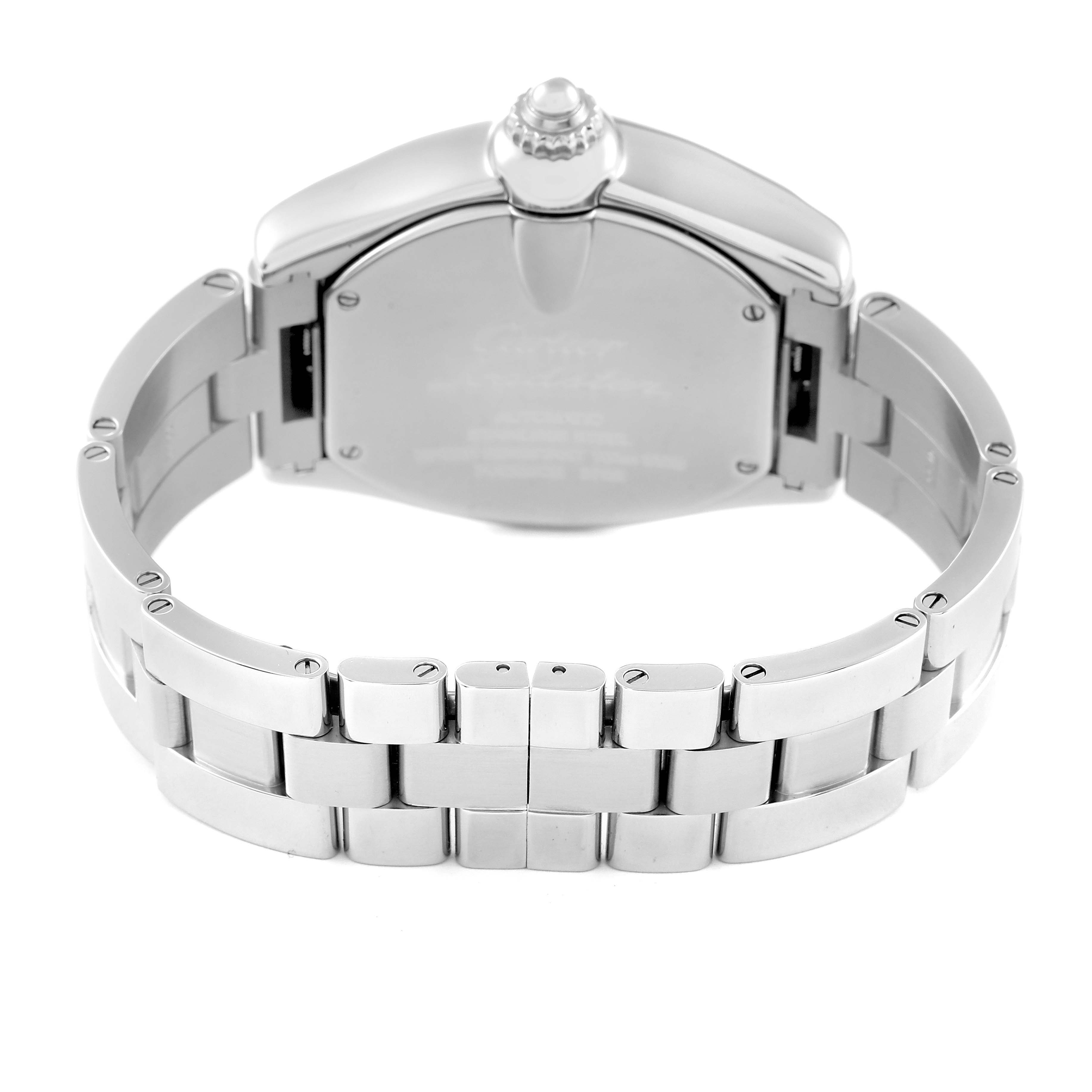 The image shows the back view of the Cartier Roadster W62032X6 Men's Stainless Steel Silver Dial W62032X6 Men's Stainless Steel Silver Dial model watch, focusing on the case back and bracelet.