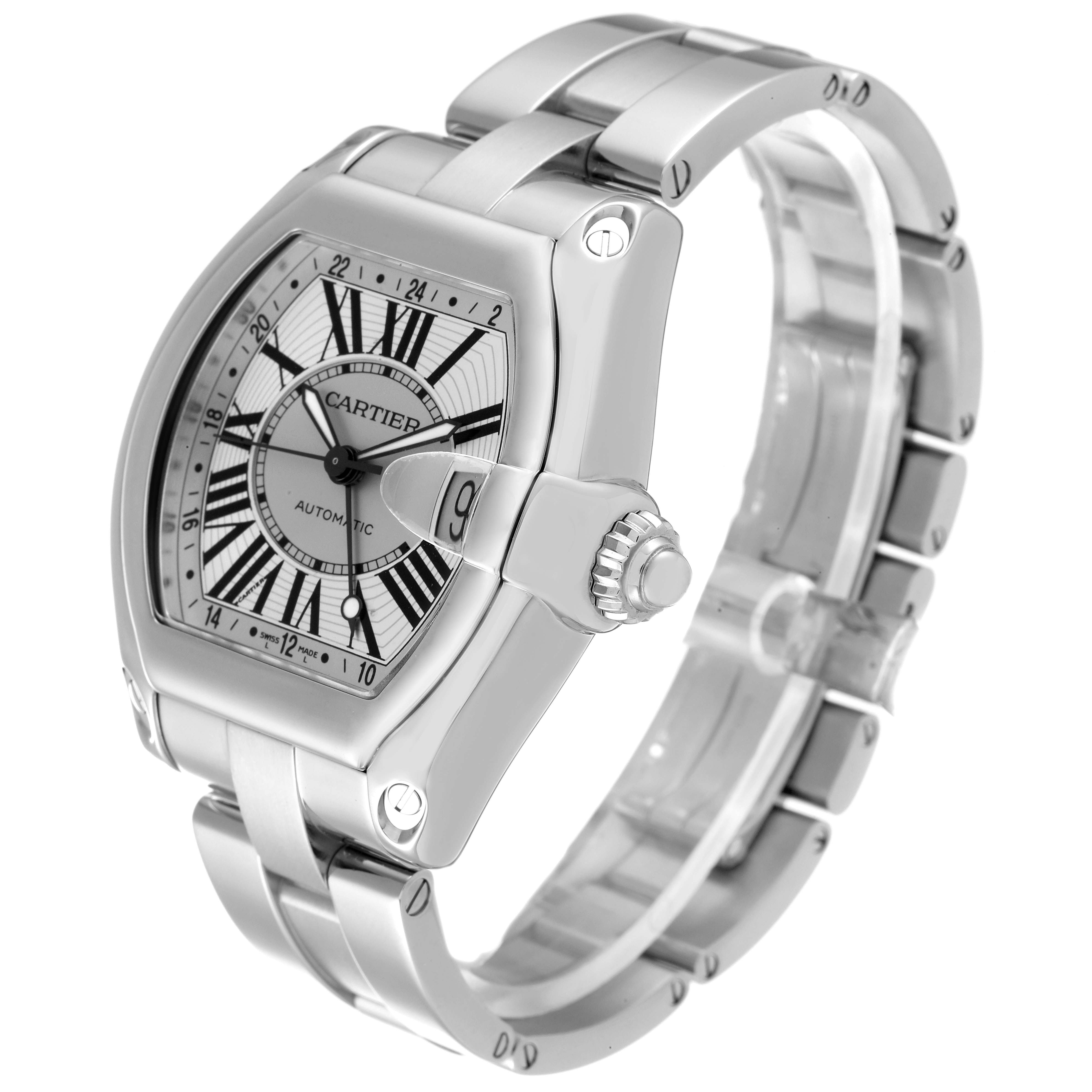 The image shows a Cartier Roadster W62032X6 Men's Stainless Steel Silver Dial W62032X6 Men's Stainless Steel Silver Dial watch at a three-quarter angle, highlighting its face, bezel, crown, and metal bracelet.