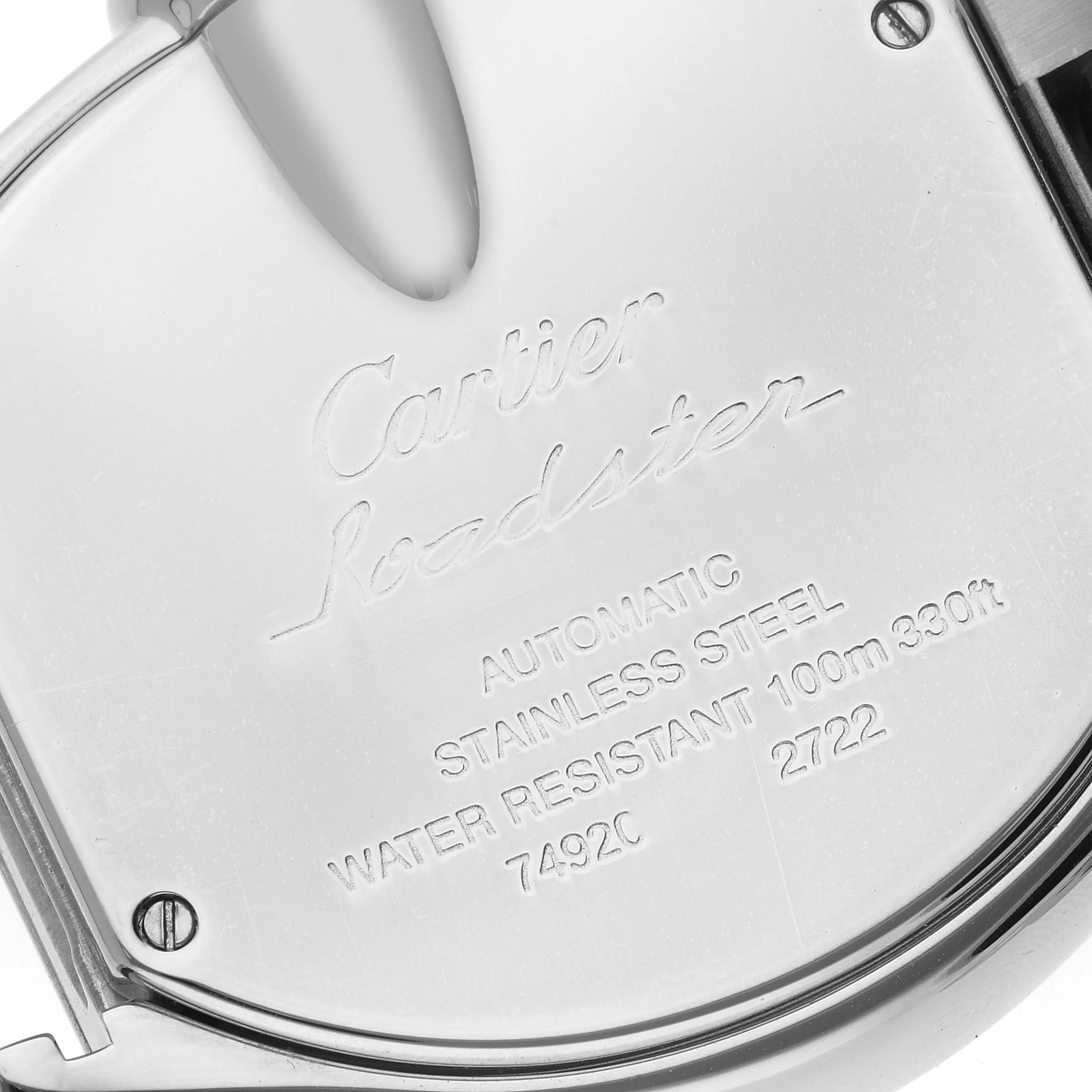 The image shows the back case of a Cartier Roadster W62032X6 Men's Stainless Steel Silver Dial W62032X6 Men's Stainless Steel Silver Dial watch, detailing its specifications and model information.
