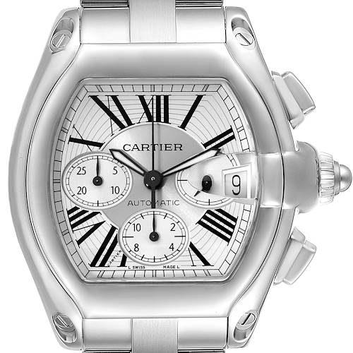 Photo of Cartier Roadster XL Chronograph Silver Dial Steel Mens Watch W62019X6 Box Papers