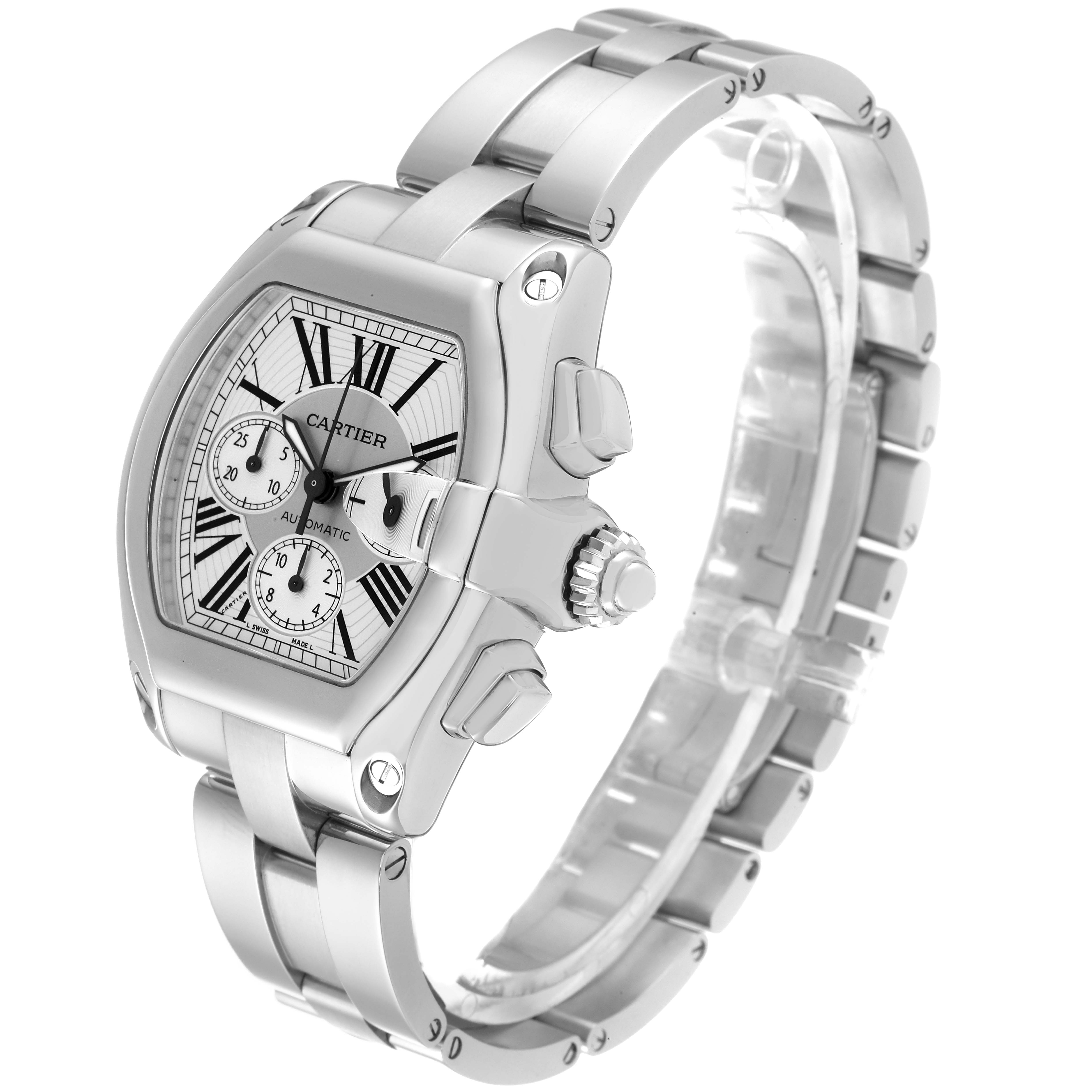 The image shows a side angle view of a Cartier Roadster W62019X6 Men's Stainless Steel Silver Dial W62019X6 Men's Stainless Steel Silver Dial model watch, highlighting its stainless steel bracelet and barrel-shaped case.