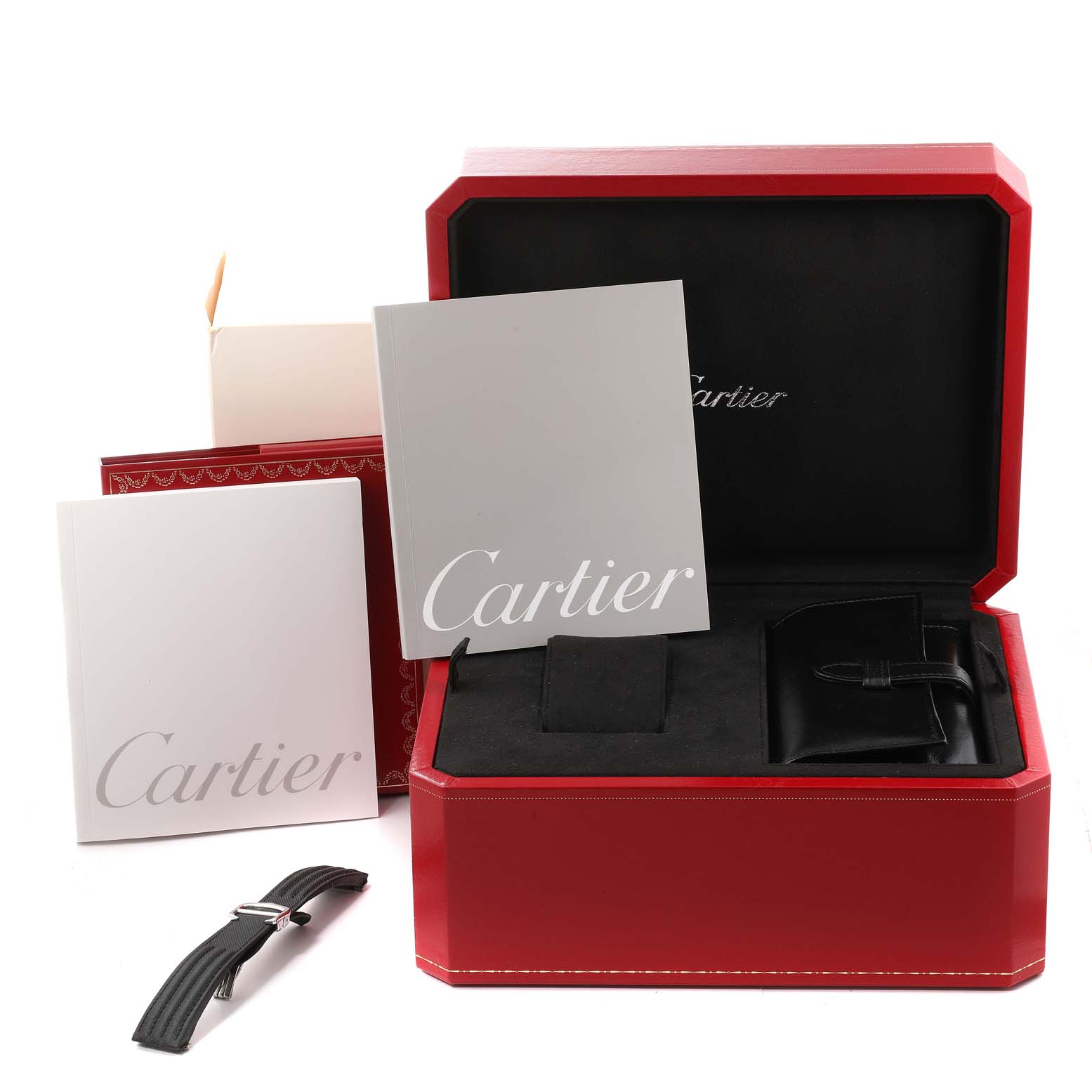The image shows the packaging and accessories of the Cartier Roadster W62019X6 Men's Stainless Steel Silver Dial W62019X6 Men's Stainless Steel Silver Dial model, including manuals, a strap, and a red box.