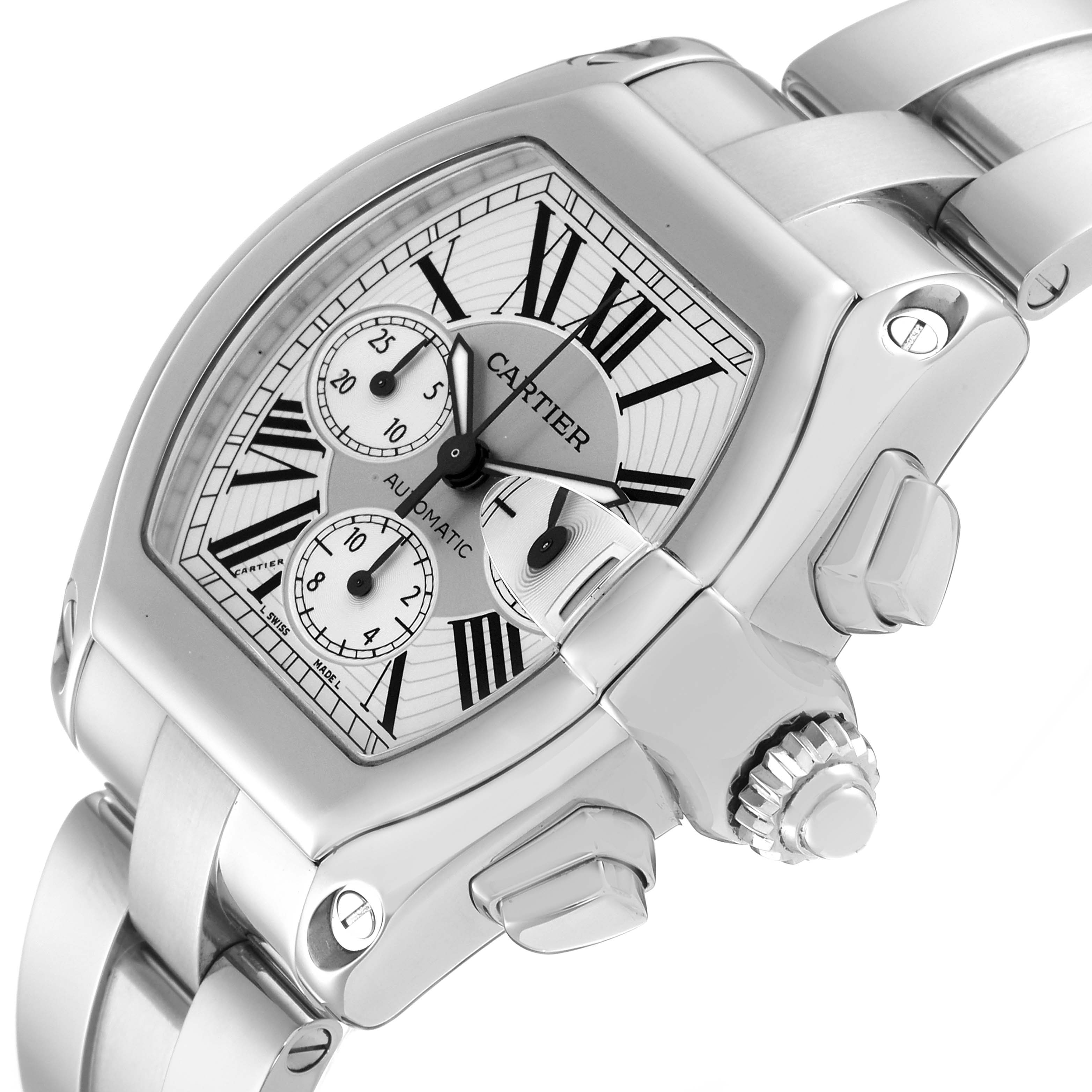 This image shows a close-up angle of the Cartier Roadster W62019X6 Men's Stainless Steel Silver Dial W62019X6 Men's Stainless Steel Silver Dial watch, highlighting the dial, crown, and part of the bracelet.