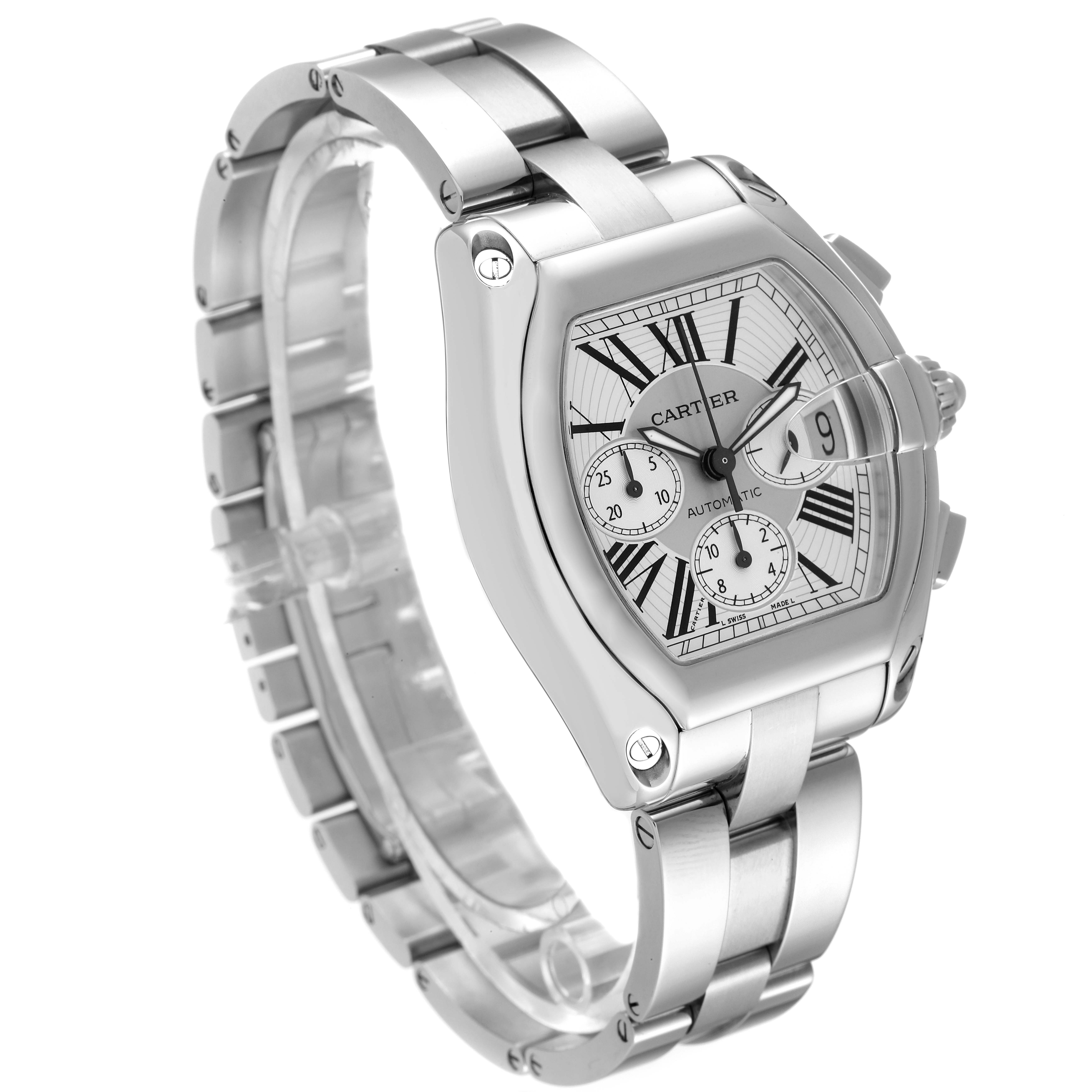 This image shows a silver Cartier Roadster W62019X6 Men's Stainless Steel Silver Dial W62019X6 Men's Stainless Steel Silver Dial watch angled to display its face, crown, and stainless steel bracelet.