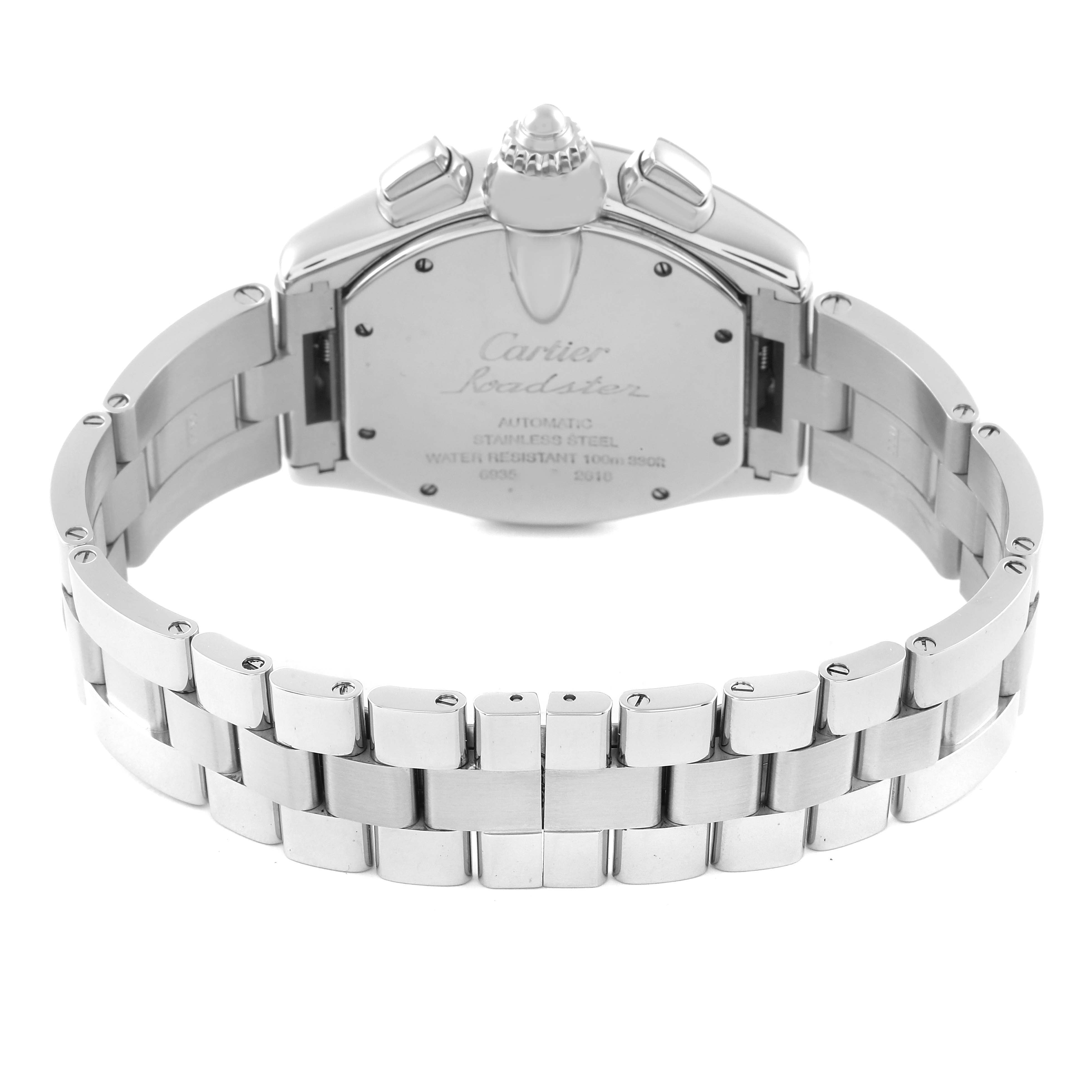 The image shows the back view of the Cartier Roadster W62019X6 Men's Stainless Steel Silver Dial W62019X6 Men's Stainless Steel Silver Dial watch, highlighting its bracelet, case back, and crown.