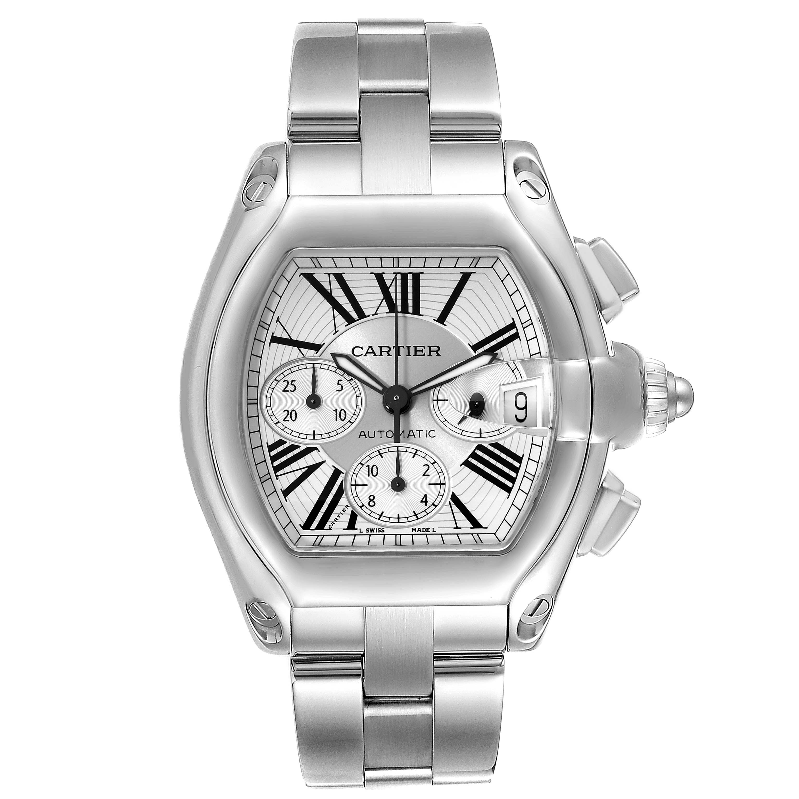 The Cartier Roadster W62019X6 Men's Stainless Steel Silver Dial W62019X6 Men's Stainless Steel Silver Dial watch is shown from the front, displaying its dial, case, and bracelet.