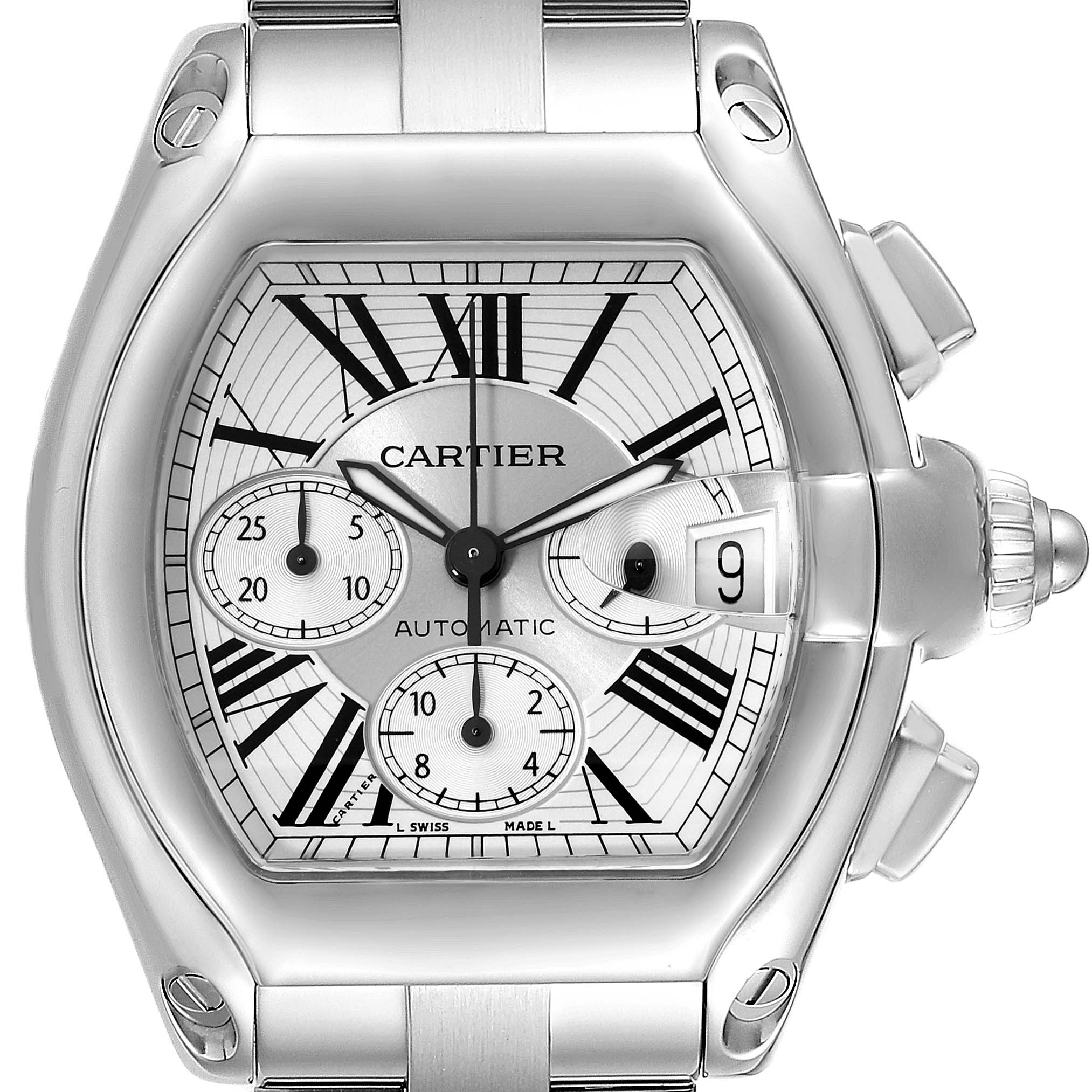 This image shows a front, close-up view of a Cartier Roadster W62019X6 Men's Stainless Steel Silver Dial W62019X6 Men's Stainless Steel Silver Dial watch, highlighting its face, dials, and bracelet.