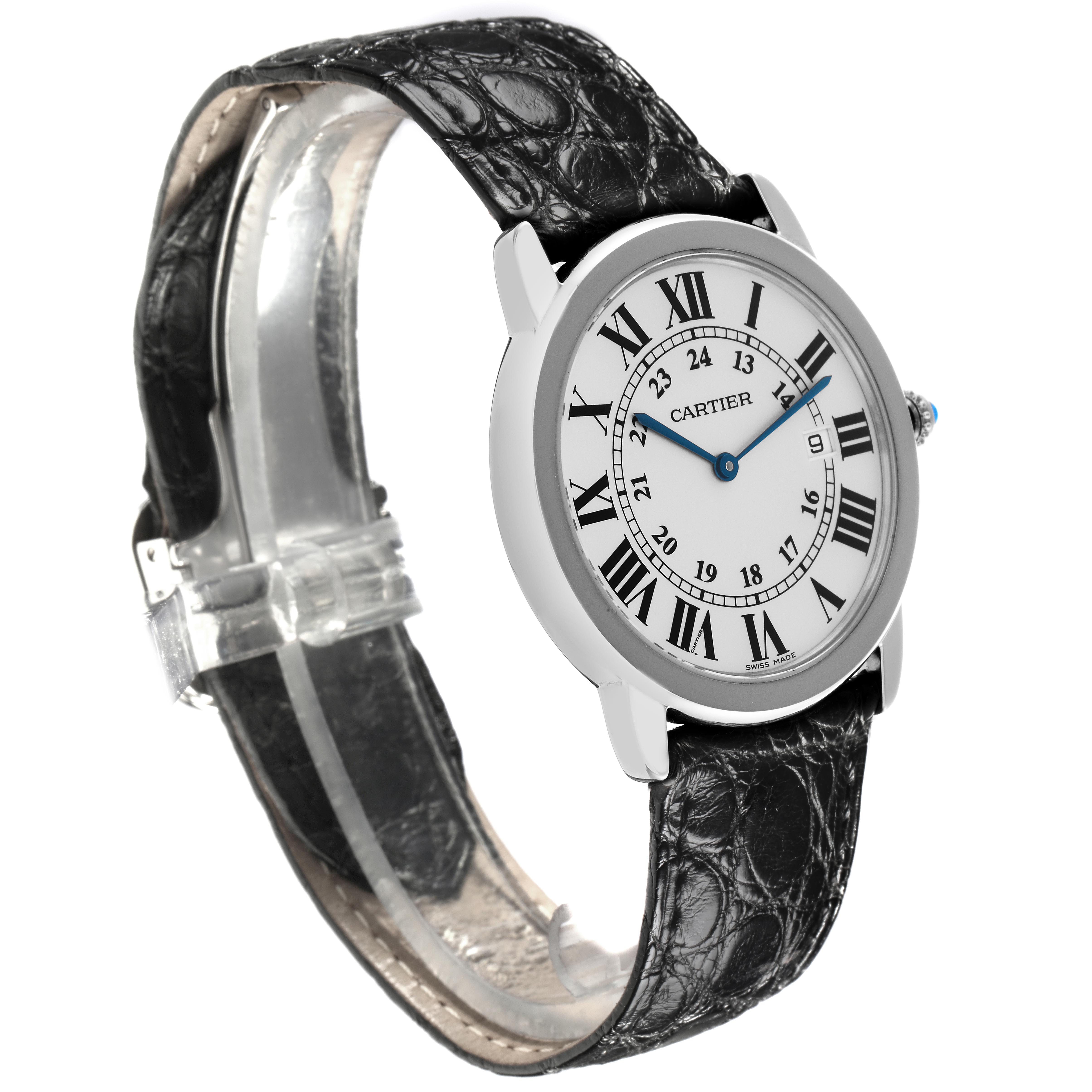 The Cartier Ronde W6700255 Men
s Stainless Steel Silver Dial W6700255 Men
s Stainless Steel Silver Dial watch is shown at an angle highlighting the round face, Roman numerals, and black leather strap.