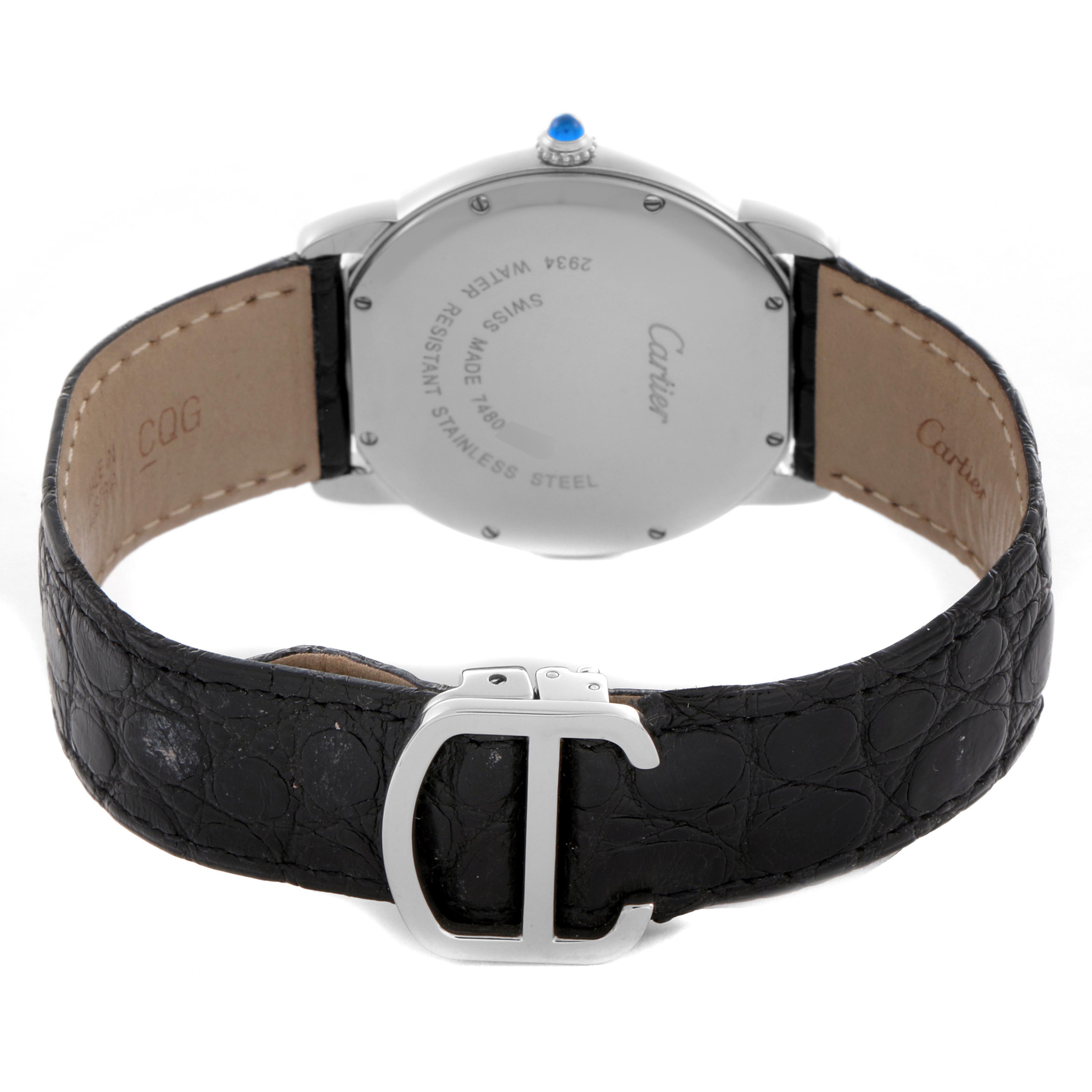 The image shows the back of the Cartier Ronde W6700255 Men
s Stainless Steel Silver Dial W6700255 Men
s Stainless Steel Silver Dial watch, highlighting the case back, crown, and black leather strap.