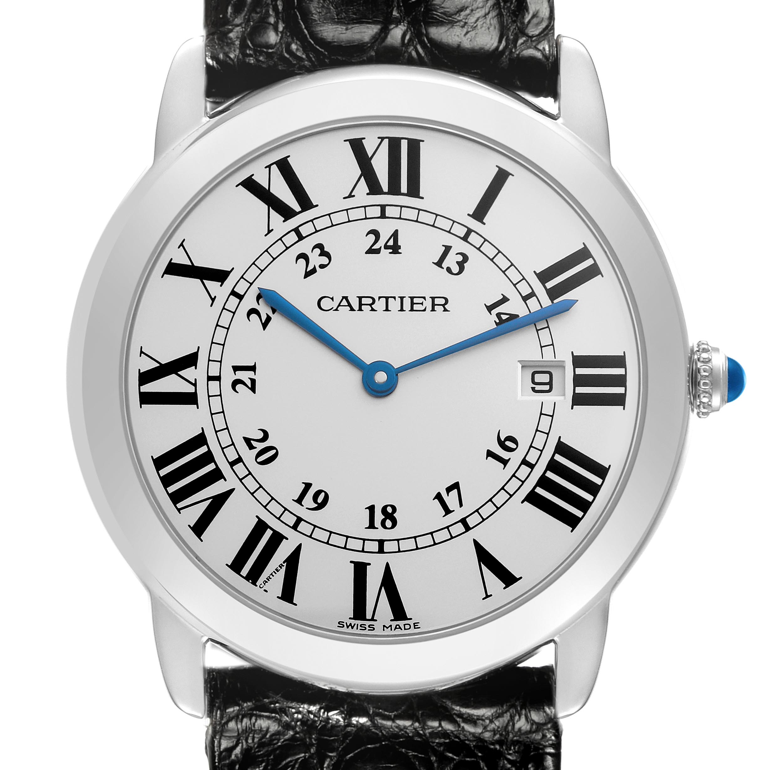 The Cartier Ronde W6700255 Men
s Stainless Steel Silver Dial W6700255 Men
s Stainless Steel Silver Dial model is shown from a front angle, displaying the face, Roman numerals, blued steel hands, and part of the strap.