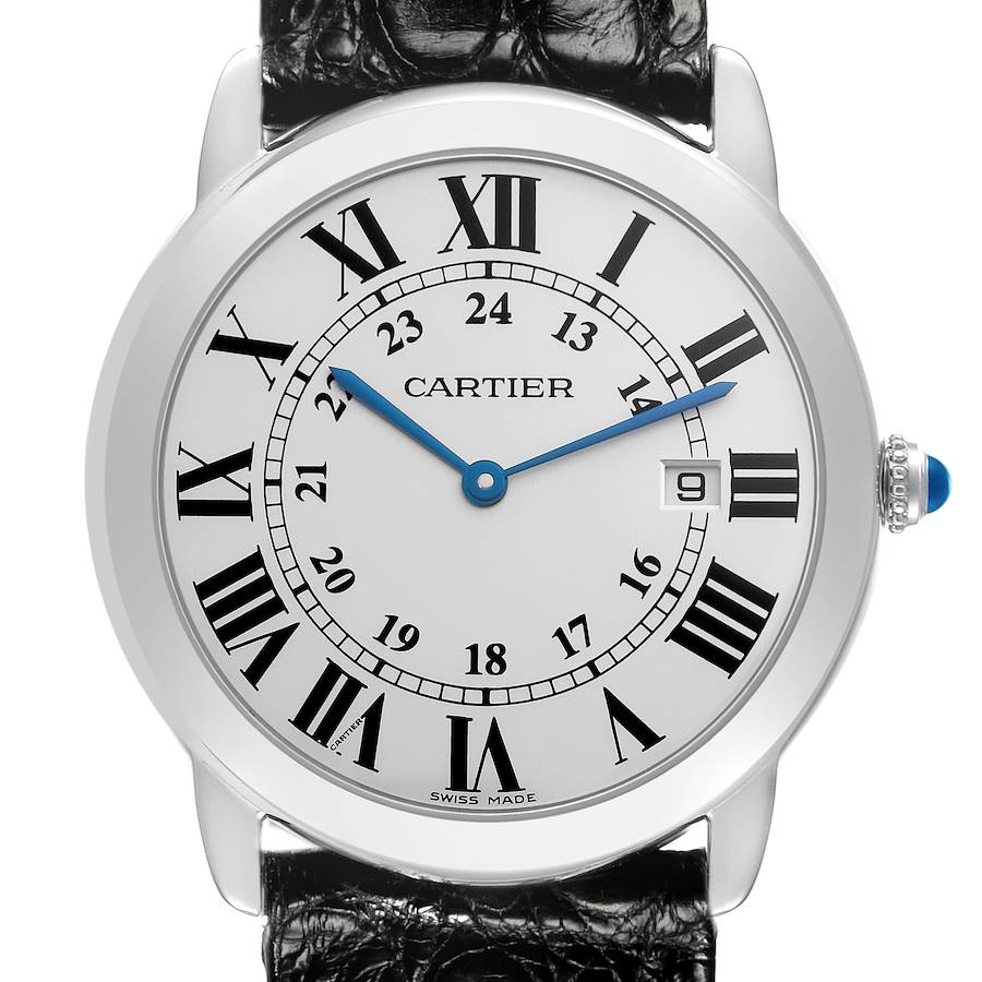 The Cartier Ronde model is shown from a front angle, displaying the face, Roman numerals, blued steel hands, and part of the strap.