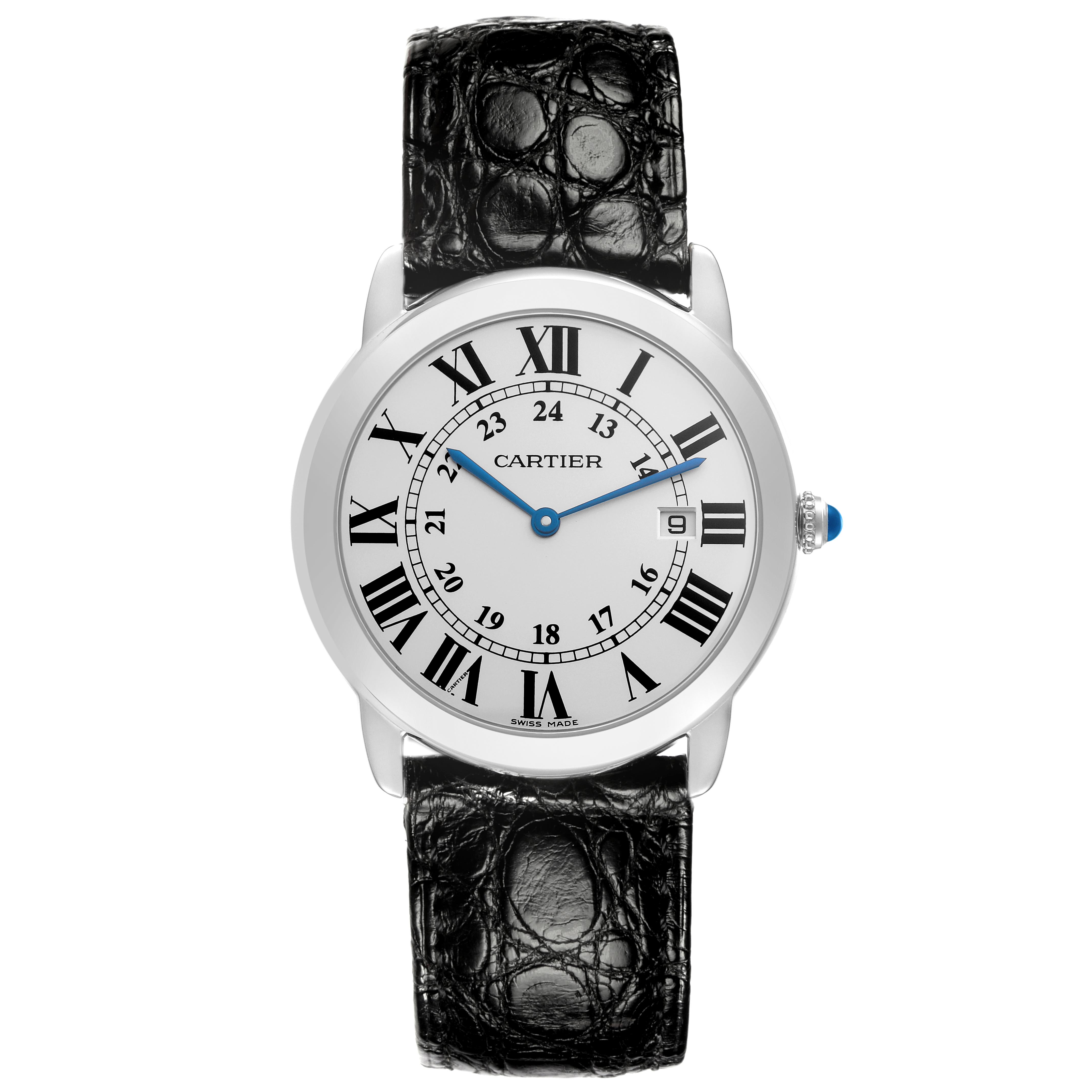The Cartier Ronde W6700255 Men
s Stainless Steel Silver Dial W6700255 Men
s Stainless Steel Silver Dial watch is shown from a top view, displaying its face, Roman numerals, and black leather strap.
