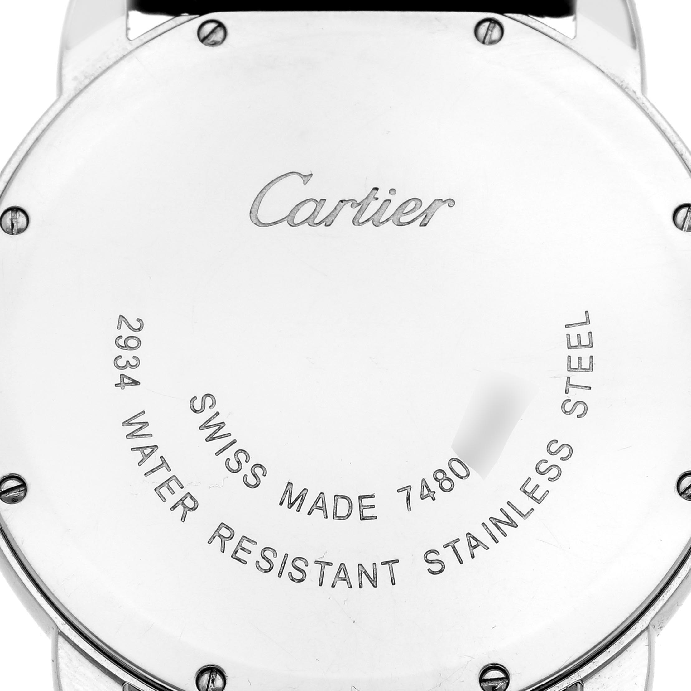 The image shows the back case of a Cartier Ronde W6700255 Men
s Stainless Steel Silver Dial W6700255 Men
s Stainless Steel Silver Dial watch, featuring the brand name and specifications engraved.