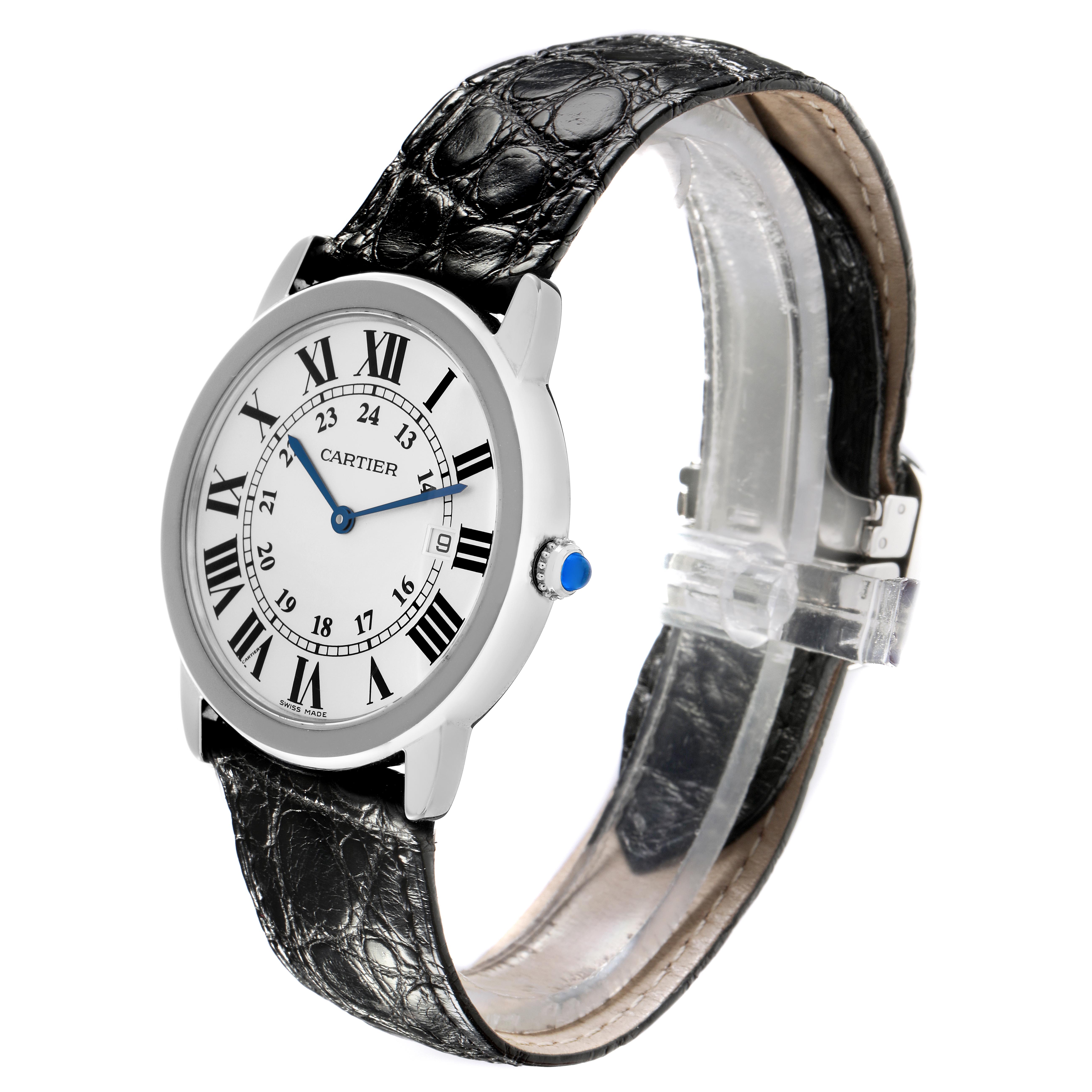 The Cartier Ronde W6700255 Men
s Stainless Steel Silver Dial W6700255 Men
s Stainless Steel Silver Dial watch is shown at a three-quarter angle, displaying the dial, bezel, crown, and leather strap.