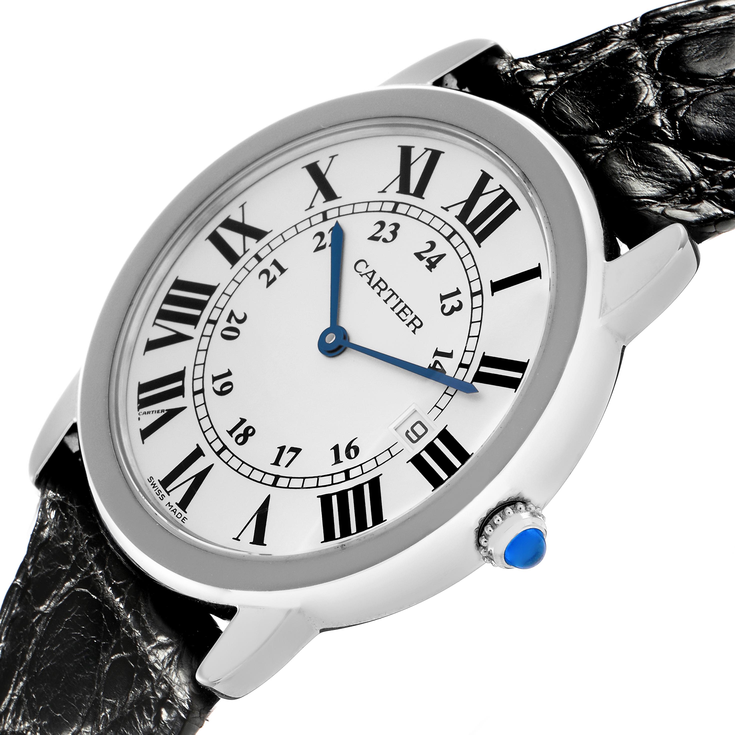 The Cartier Ronde W6700255 Men
s Stainless Steel Silver Dial W6700255 Men
s Stainless Steel Silver Dial watch is shown at an angled side view, highlighting its face with Roman numerals and the crown with a blue cabochon.