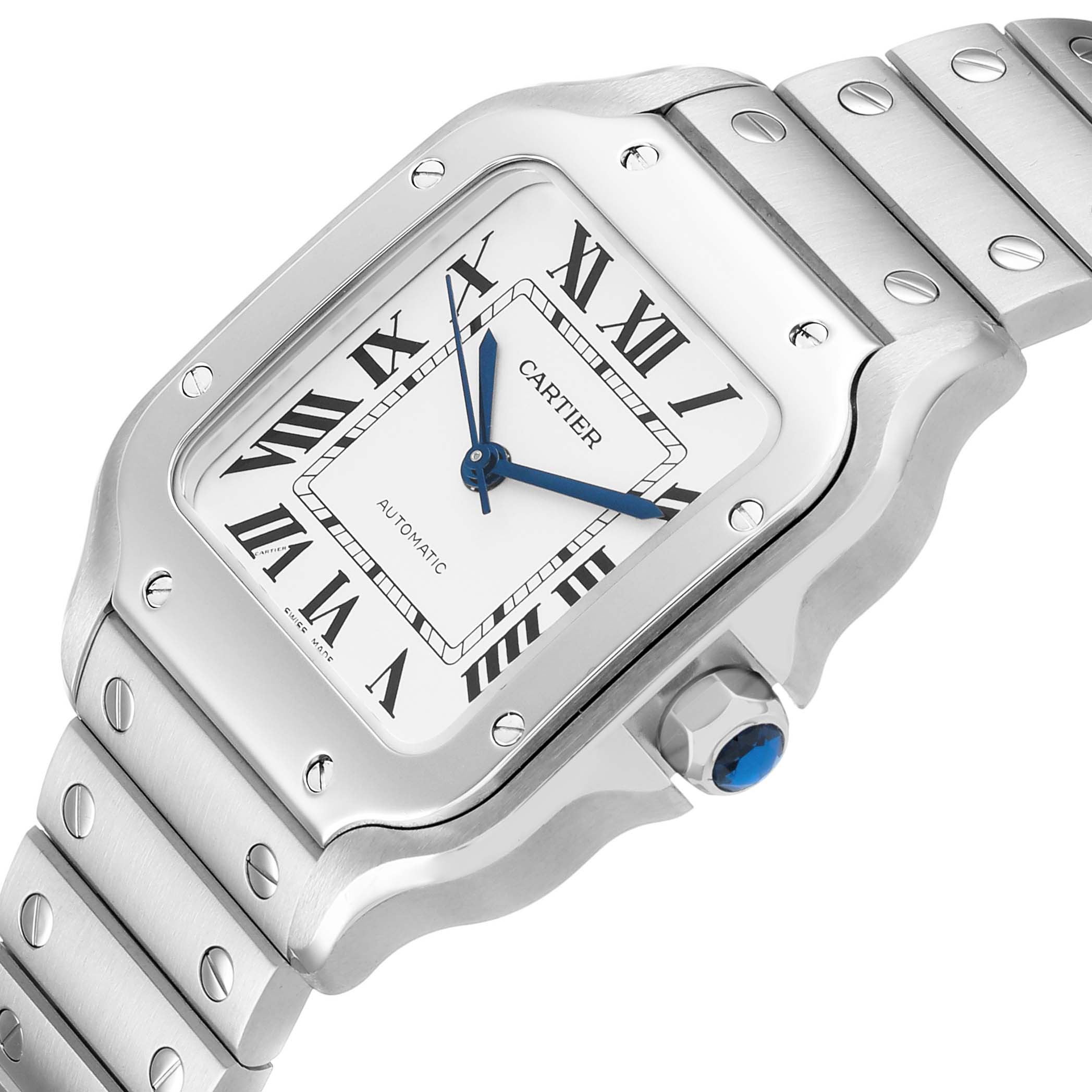 The Cartier Santos WSSA0029 Men's Stainless Steel Silver Dial watch is shown at an angle displaying the face, bezel, crown, and part of the bracelet.