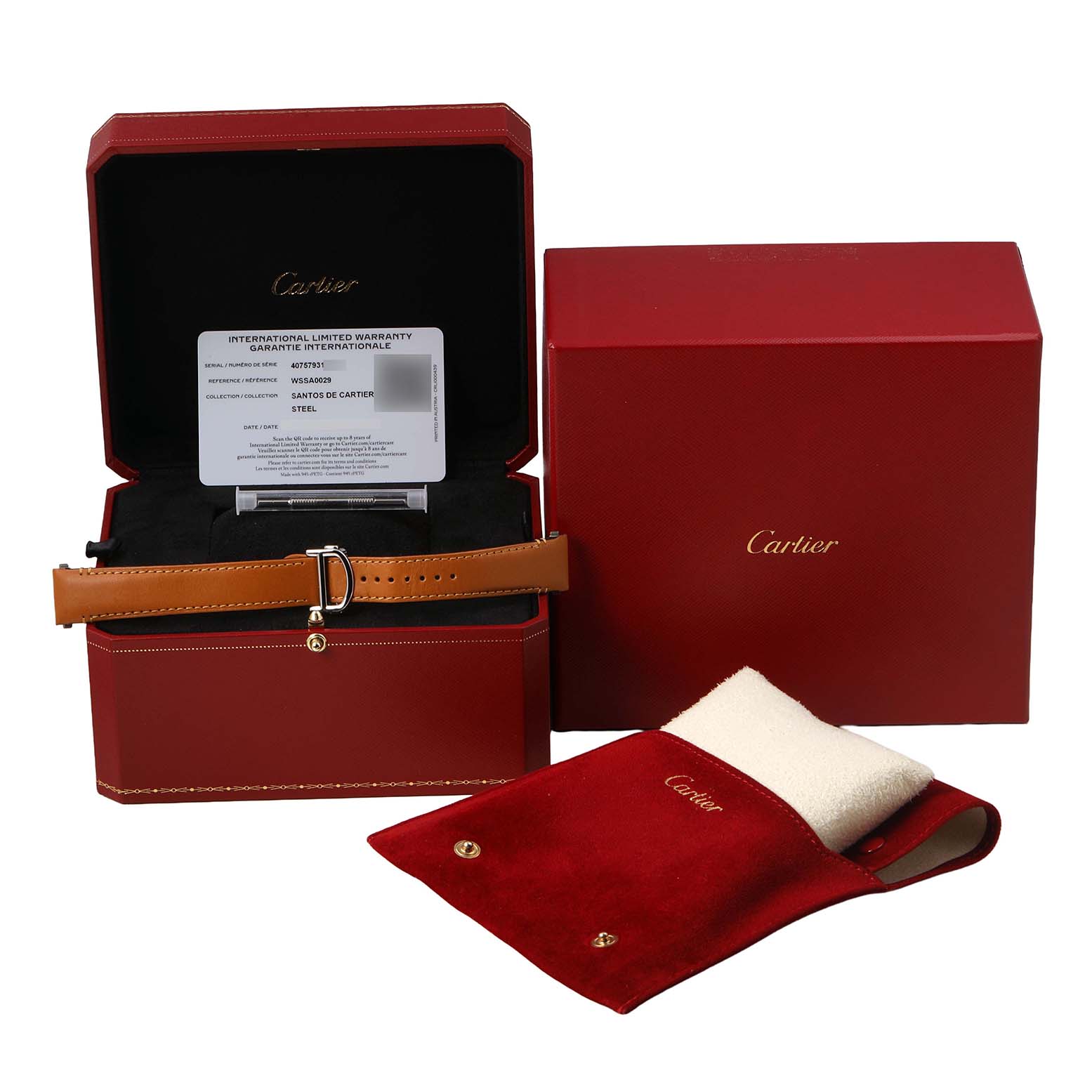 The image shows a Santos de Cartier watch strap, warranty card, and accessories, displayed in an open and closed red Cartier box.