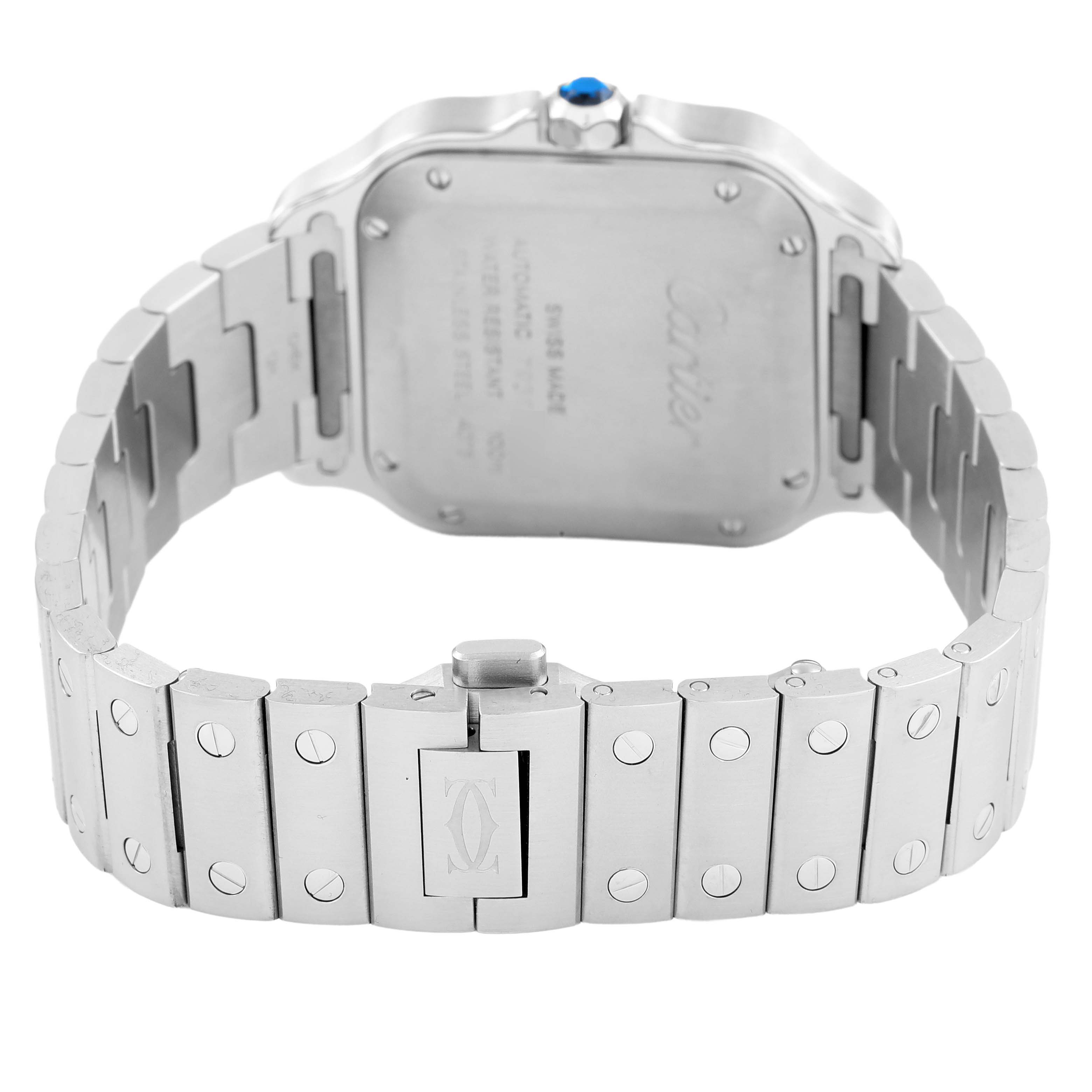 The Cartier Santos WSSA0029 Men's Stainless Steel Silver Dial watch is shown from the rear angle, highlighting the case back and metal bracelet.