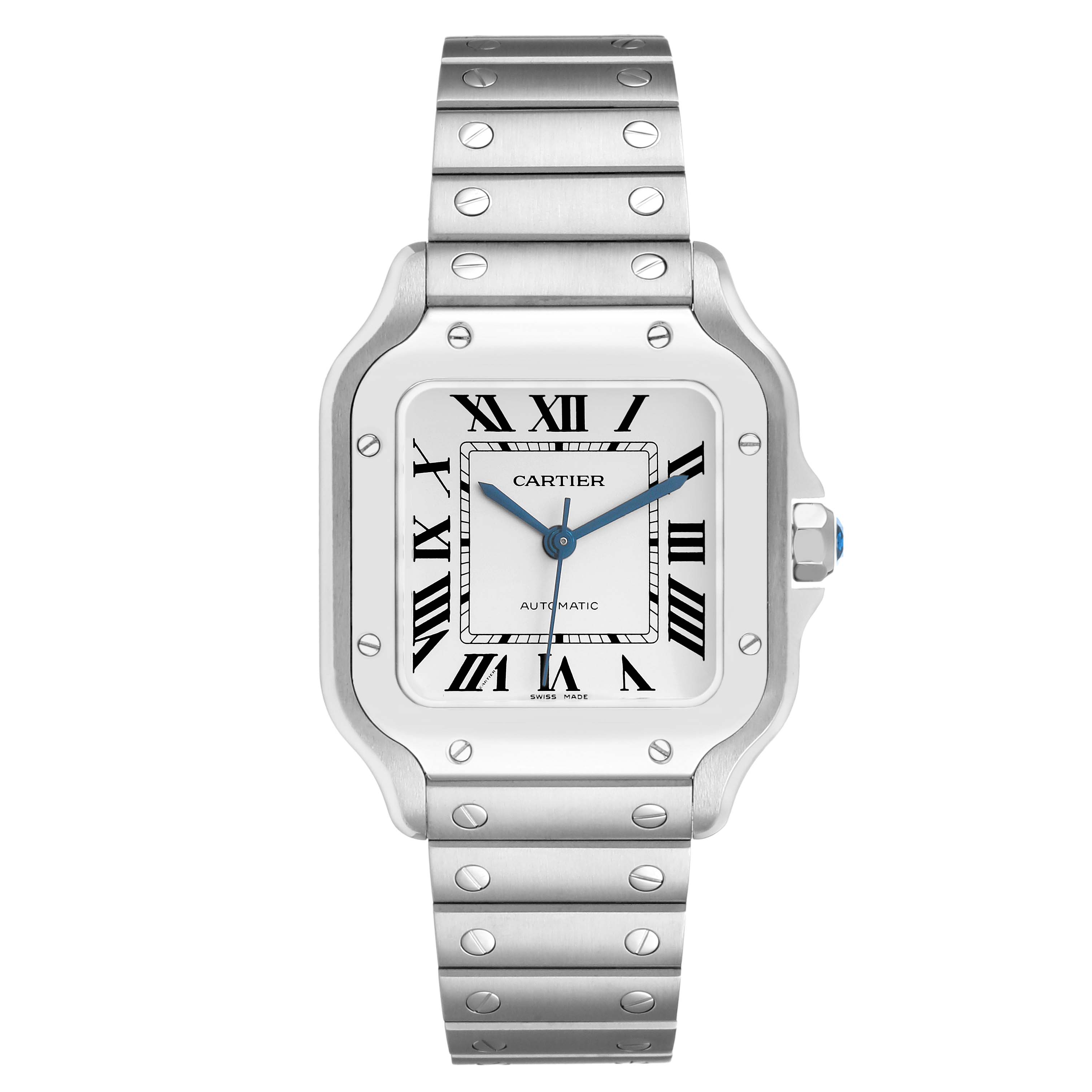 The Cartier Santos WSSA0029 Men's Stainless Steel Silver Dial watch is shown from a front angle, highlighting its face, bezel, and metal bracelet with visible screws.