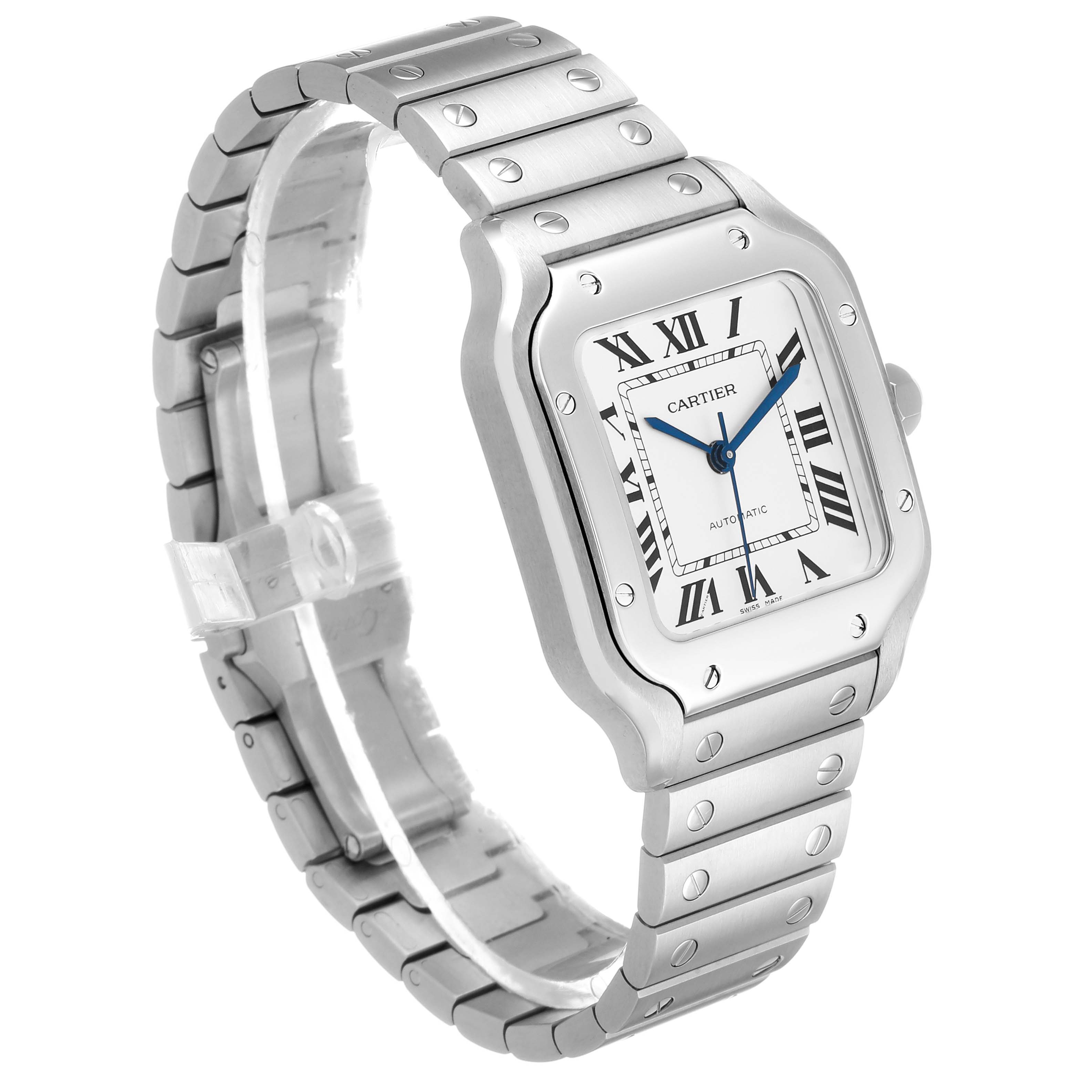 The Cartier Santos WSSA0029 Men's Stainless Steel Silver Dial watch is shown at a three-quarter angle, highlighting the face, bezel, and bracelet.