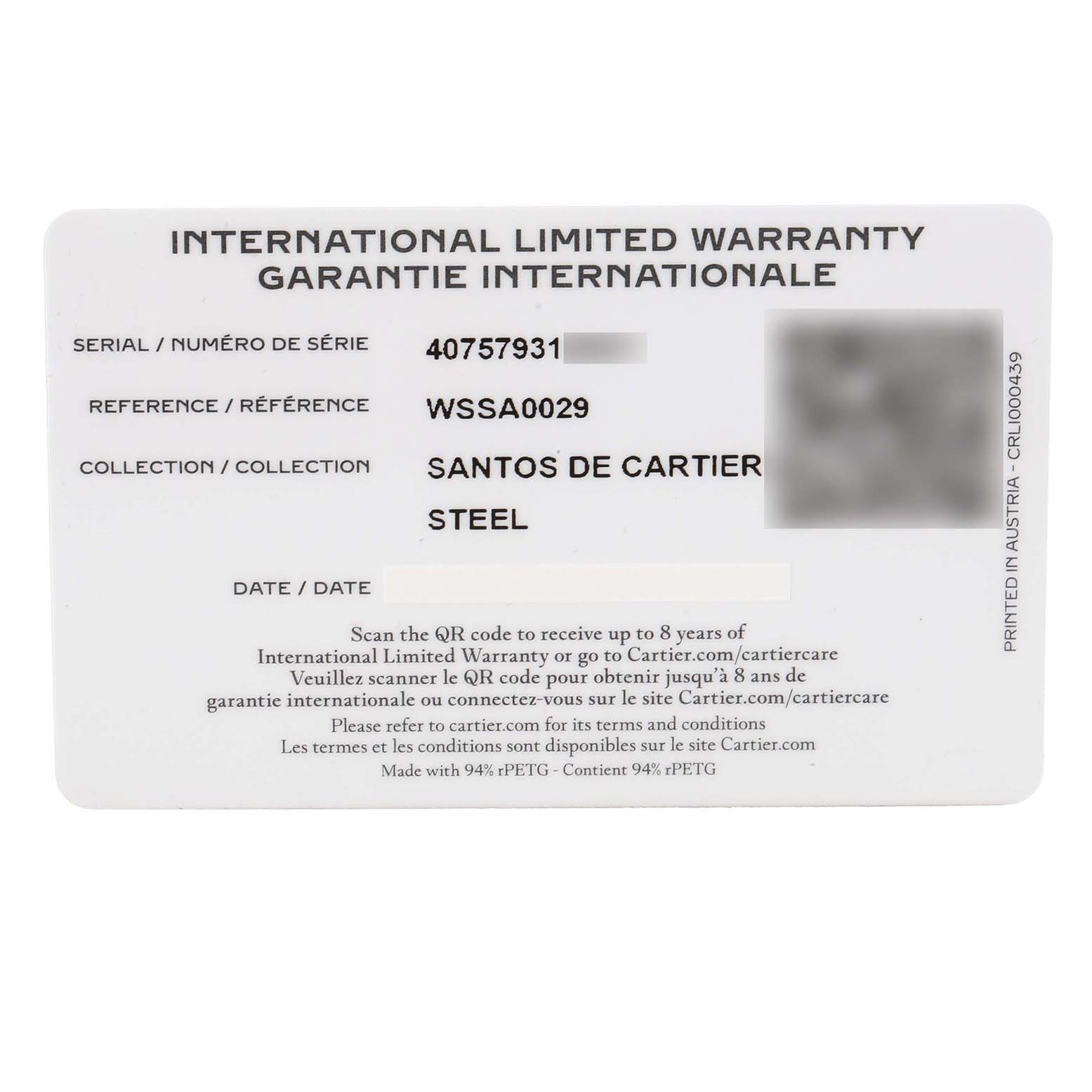The image shows an International Limited Warranty card for the Cartier Santos WSSA0029 Men's Stainless Steel Silver Dial model.