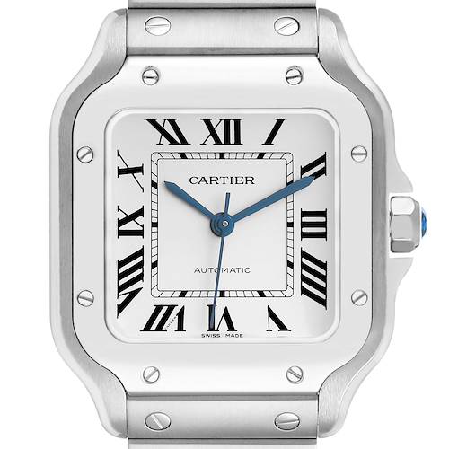 The Cartier Santos WSSA0029 Men's Stainless Steel Silver Dial watch is shown from the front, highlighting its face, Roman numerals, and signature screws on the bezel.
