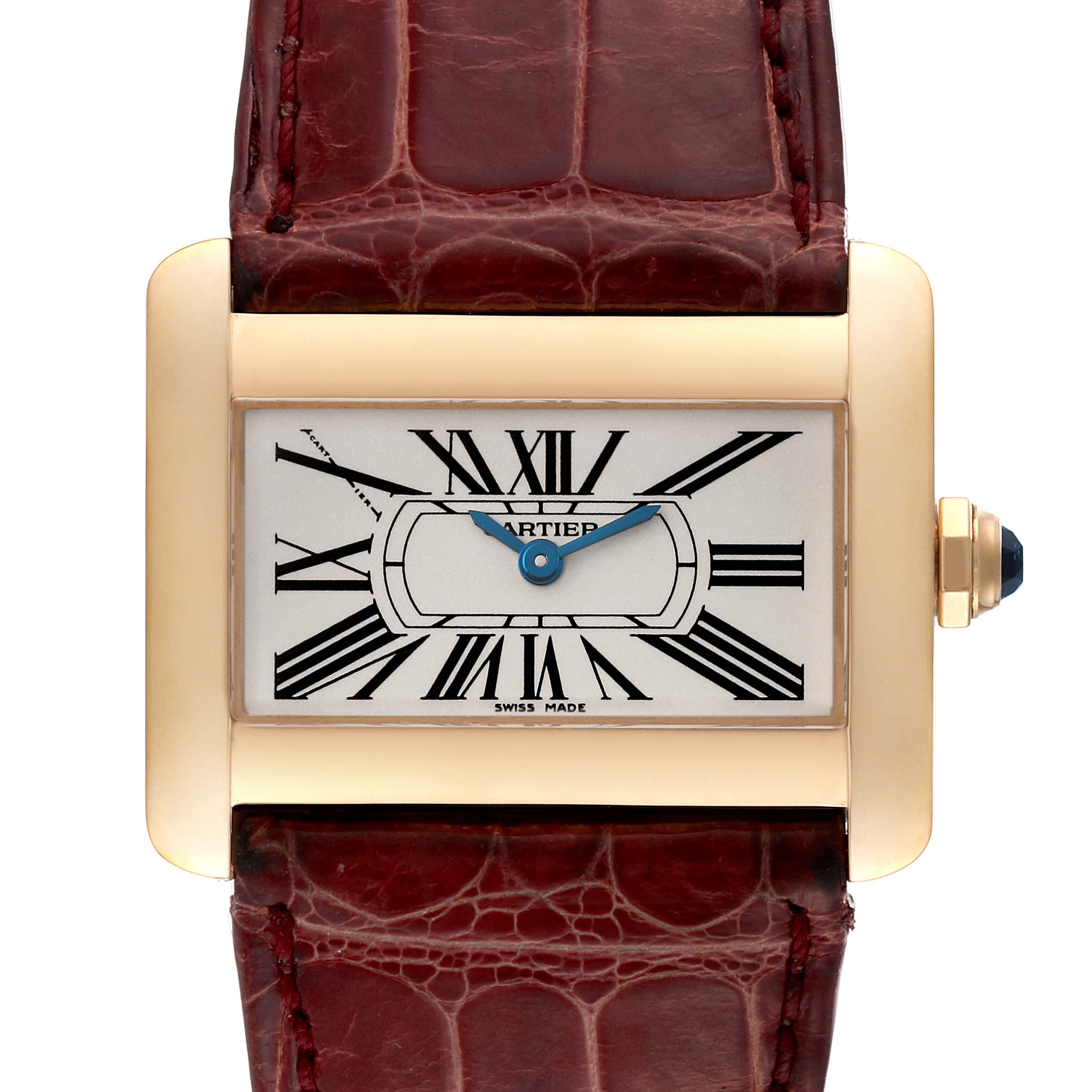 This image shows the face of a Cartier Tank Divan W6300356 Women's Yellow Gold Silver Dial W6300356 Women's Yellow Gold Silver Dial watch, highlighting its rectangular dial, Roman numerals, and leather strap.