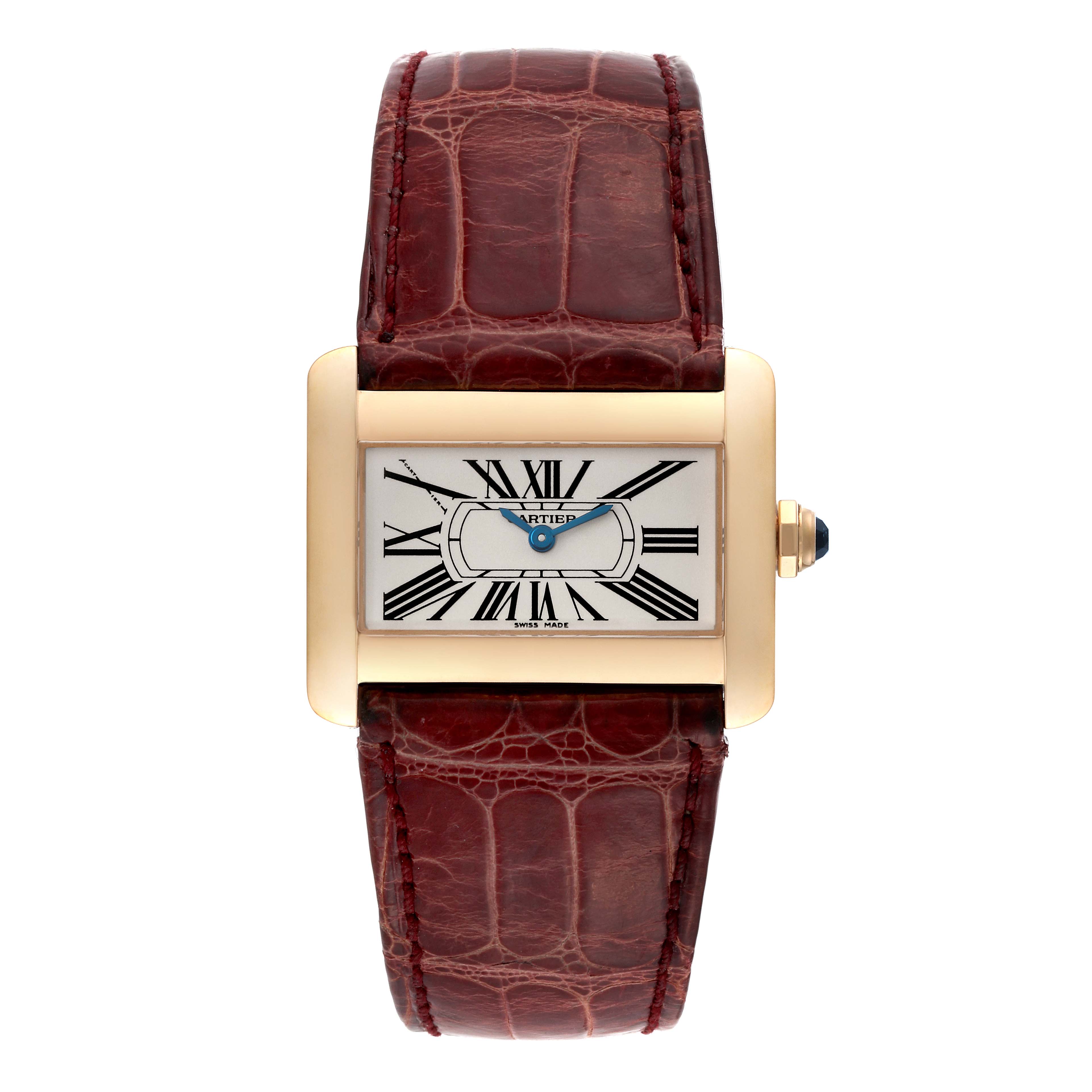 The image shows a straight-on view of a Cartier Tank Divan W6300356 Women's Yellow Gold Silver Dial W6300356 Women's Yellow Gold Silver Dial watch with a rectangular gold case and brown leather strap.