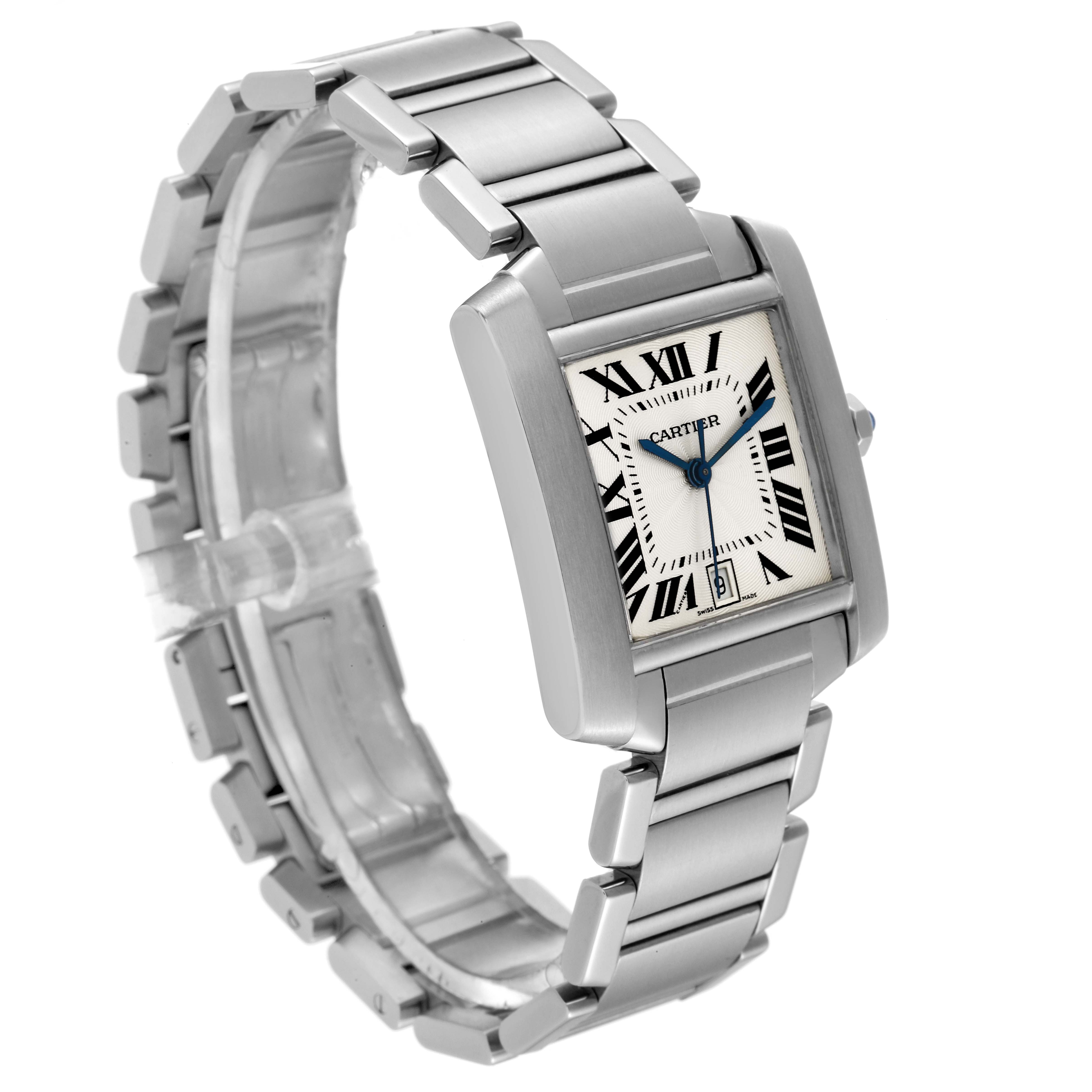The image shows a Cartier Tank Française watch from an upper-side angle, highlighting its face, bracelet, and clasp.