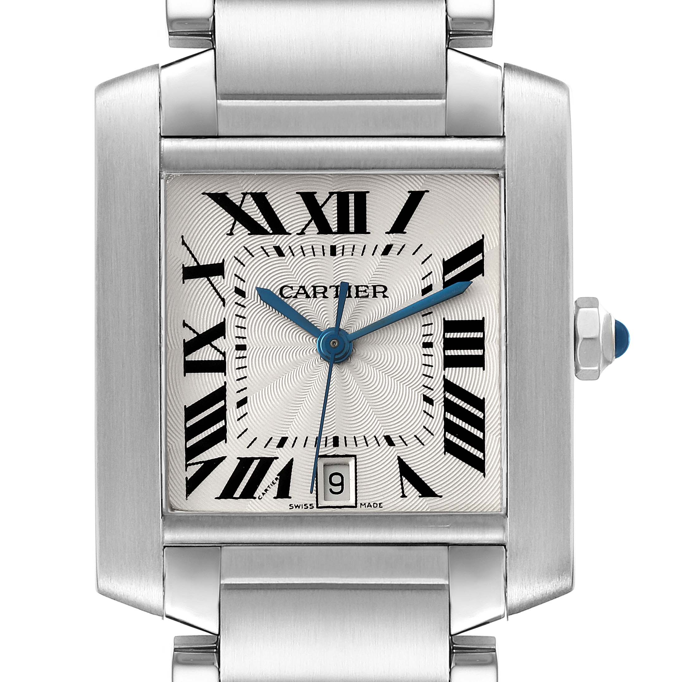 This image shows a front view of the Cartier Tank Francaise W51002Q3 Men's Stainless Steel Silver Dial W51002Q3 Men's Stainless Steel Silver Dial watch, highlighting its face, Roman numerals, and date window.