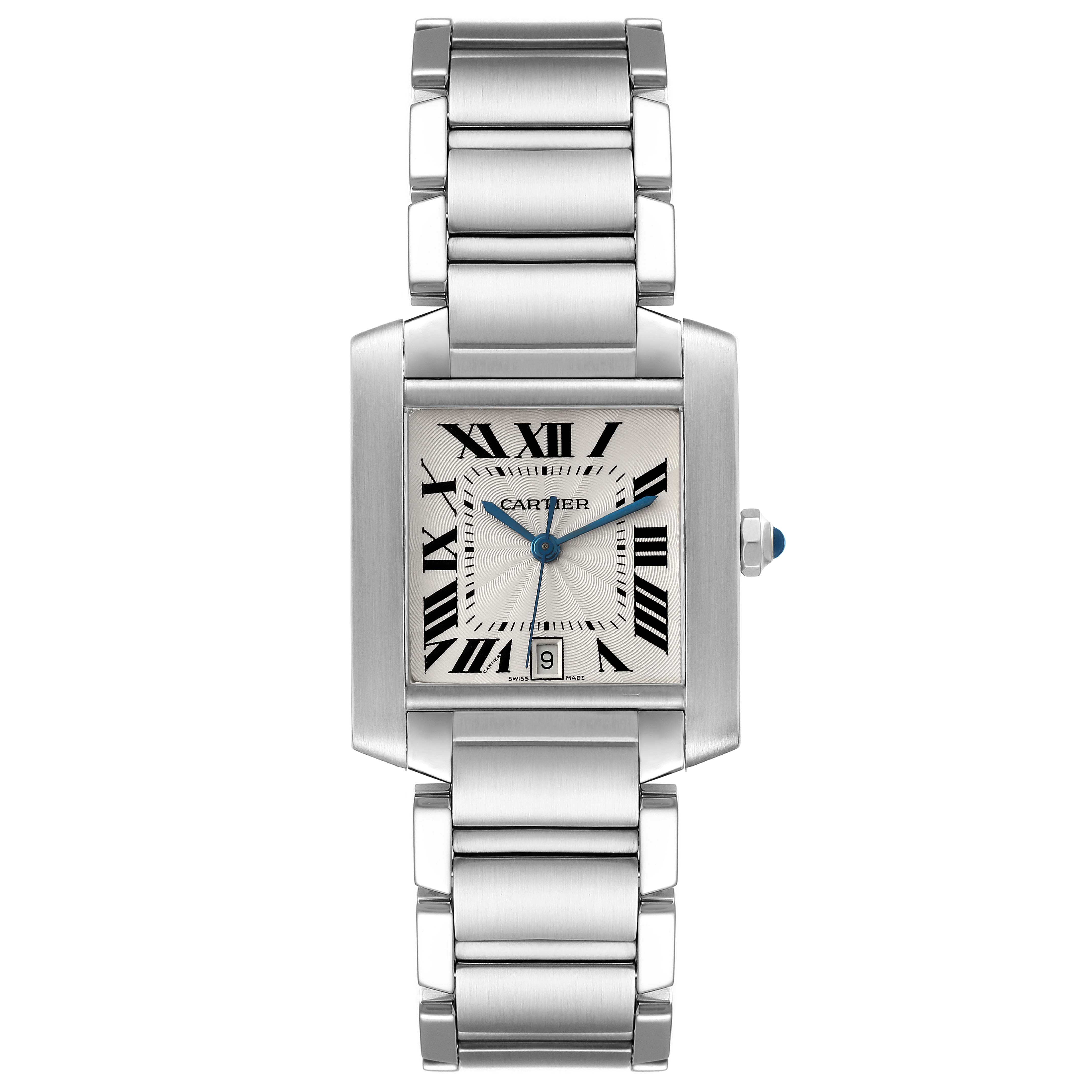 The image shows a frontal view of the Cartier Tank Francaise W51002Q3 Men's Stainless Steel Silver Dial W51002Q3 Men's Stainless Steel Silver Dial watch, displaying the face, bracelet, and crown.