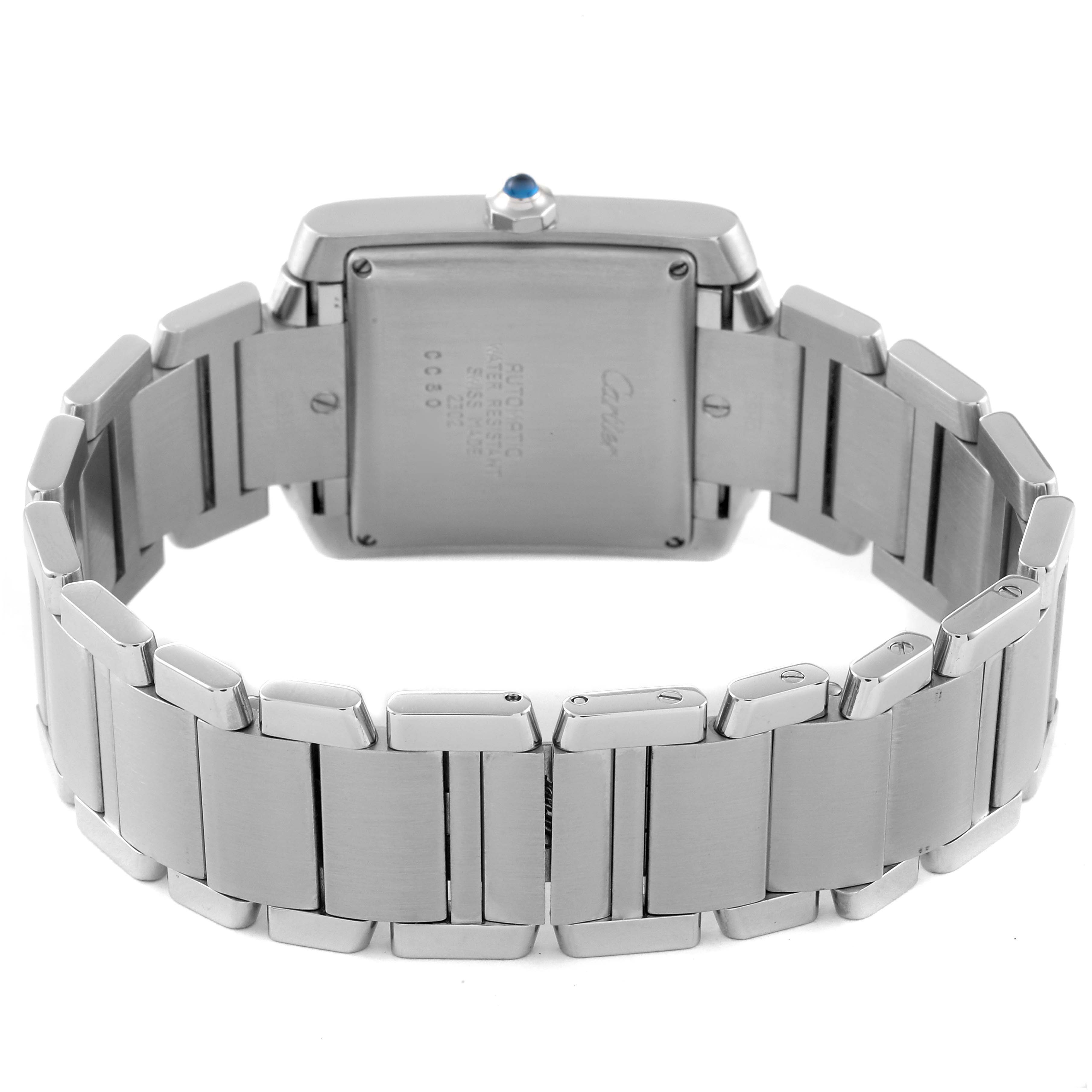 The image shows the back case and bracelet of the Cartier Tank Francaise W51002Q3 Men's Stainless Steel Silver Dial W51002Q3 Men's Stainless Steel Silver Dial watch from a rear angle.