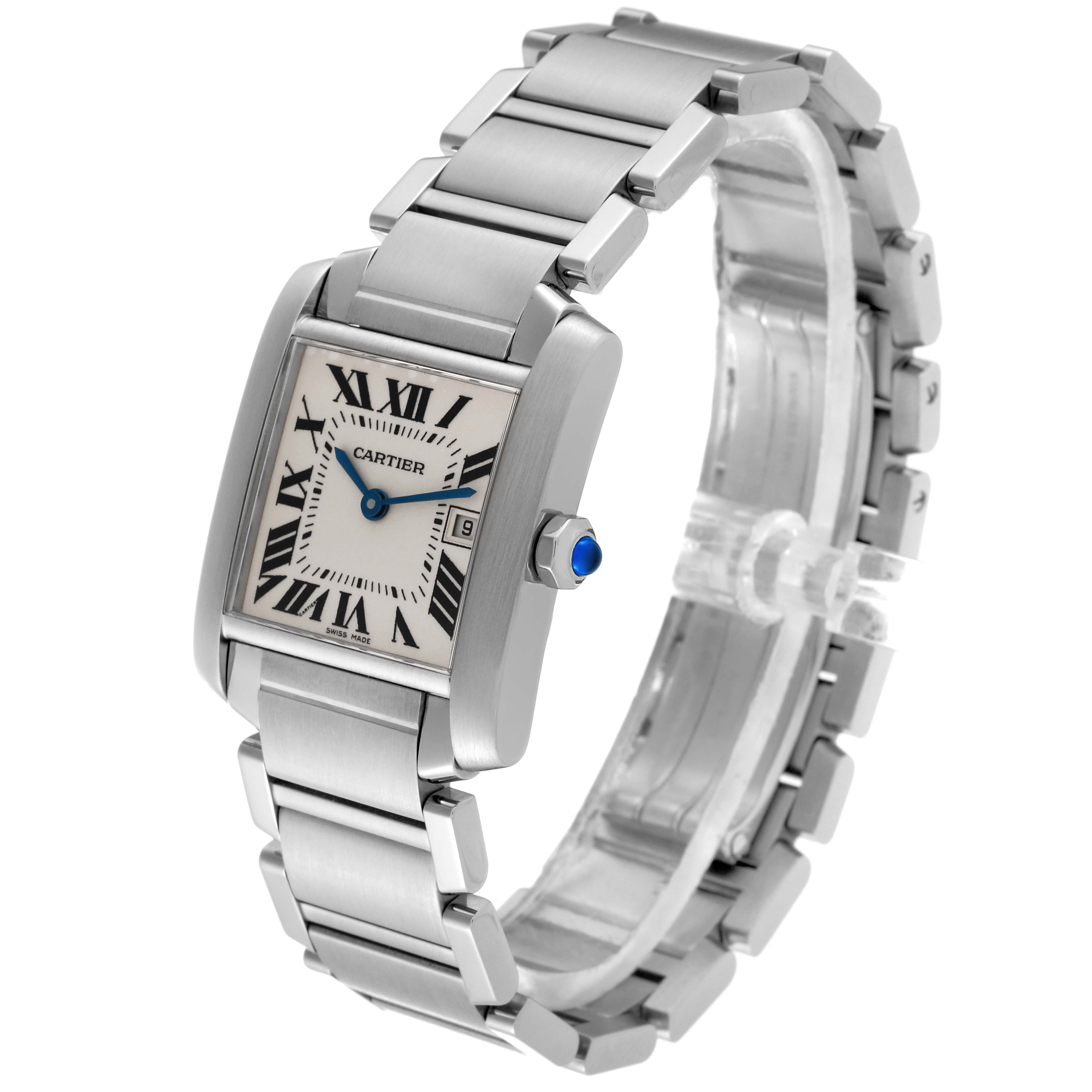This image shows a Cartier Tank Francaise W51011Q3 Women
s Stainless Steel Silver Dial W51011Q3 Women
s Stainless Steel Silver Dial watch angled from the front-left, displaying its silver bracelet and rectangular face with Roman numerals.