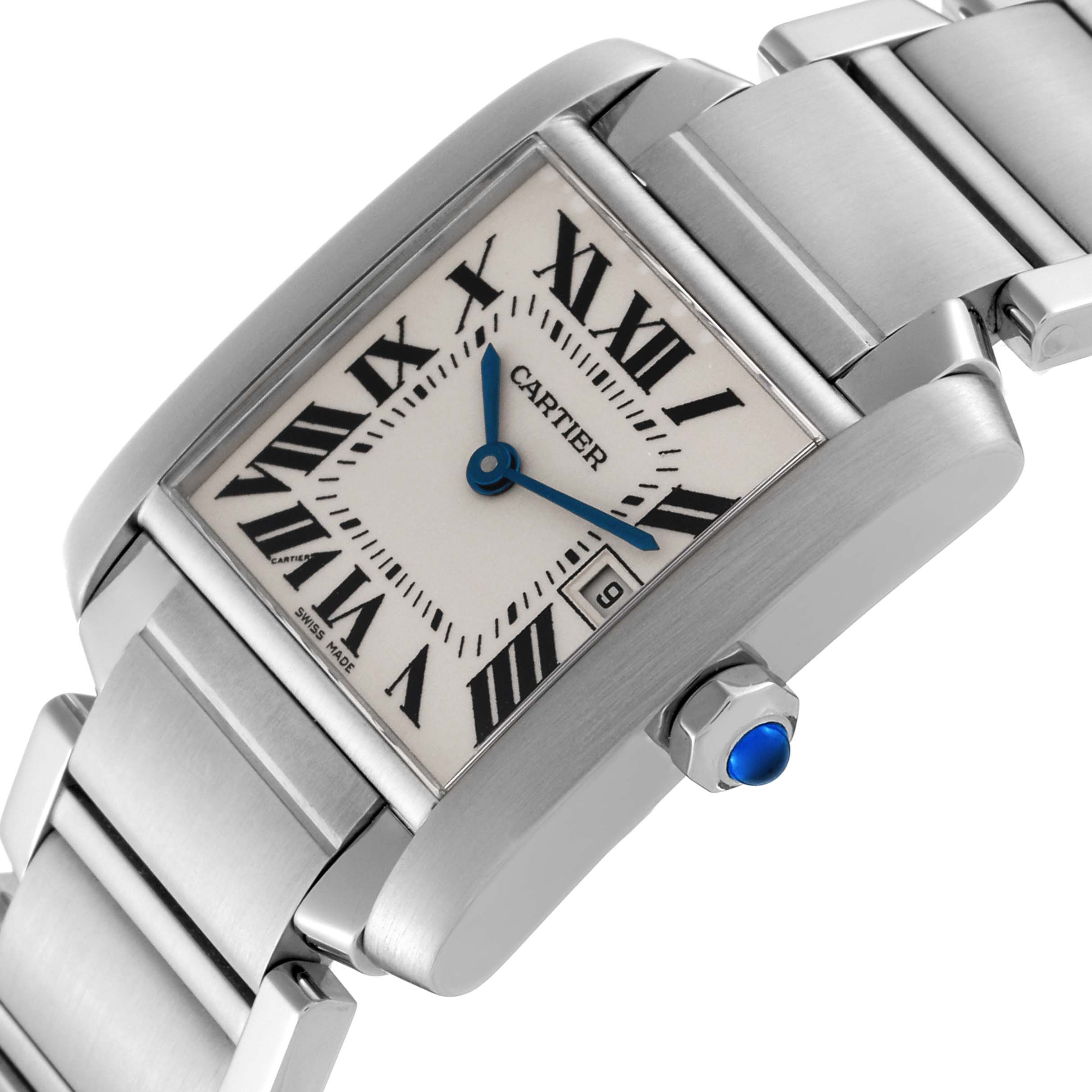 The image shows a close-up angle of a Cartier Tank Française watch, highlighting the face, crown, and part of the bracelet.