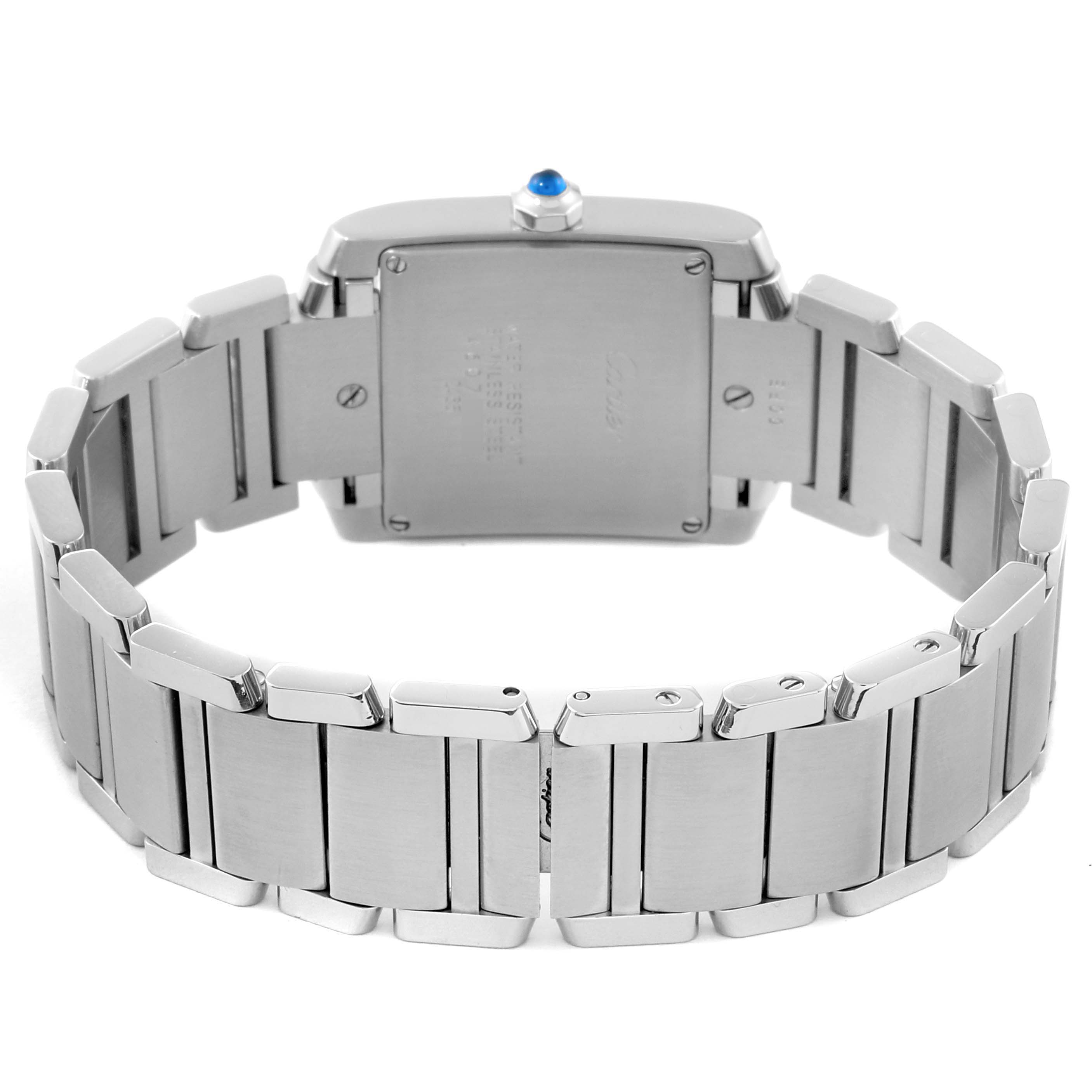 The image shows the back view of a Cartier Tank Francaise W51011Q3 Women
s Stainless Steel Silver Dial W51011Q3 Women
s Stainless Steel Silver Dial model watch, highlighting its casing and stainless steel bracelet.