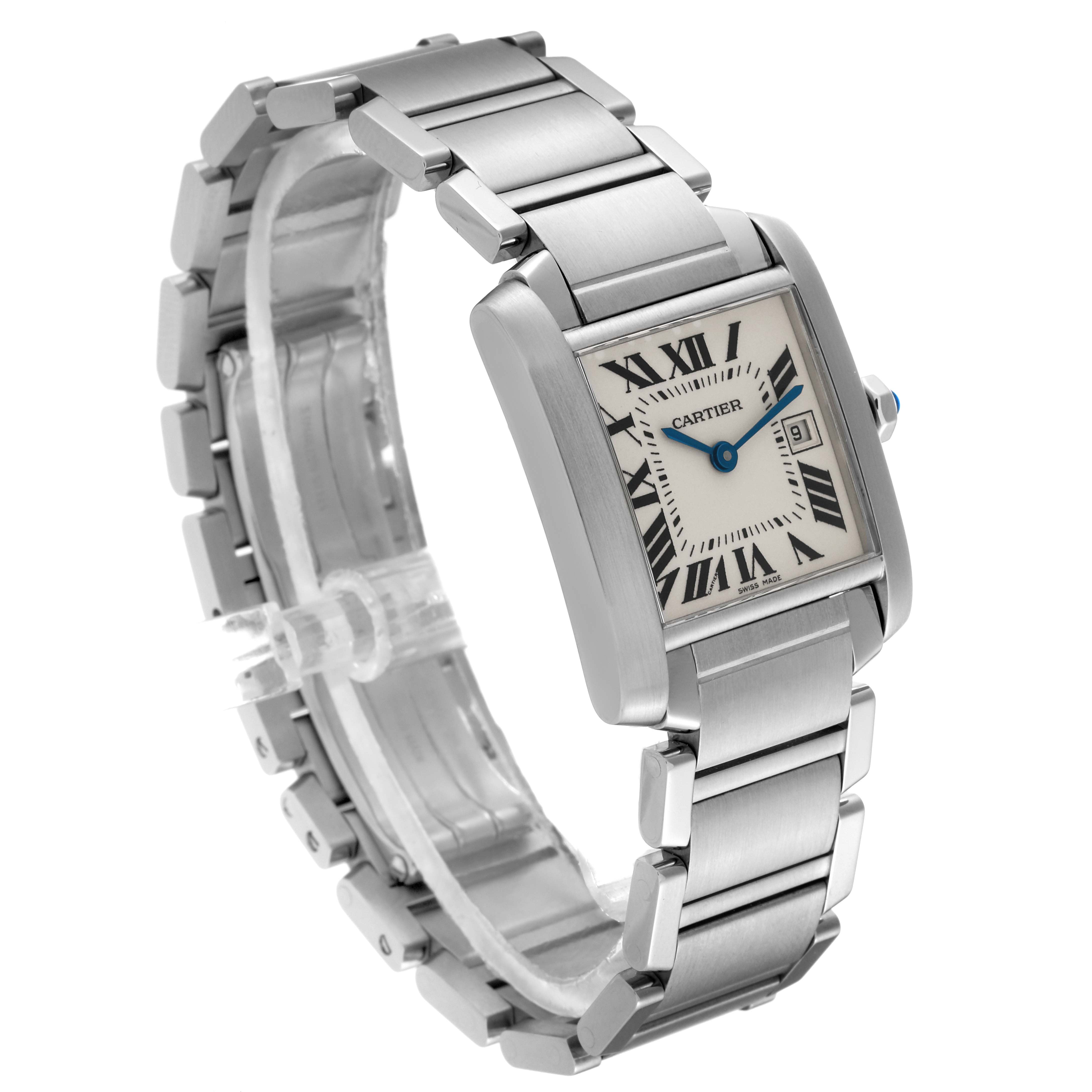 The image shows a stainless steel Cartier Tank Française watch angled to display its face and bracelet.