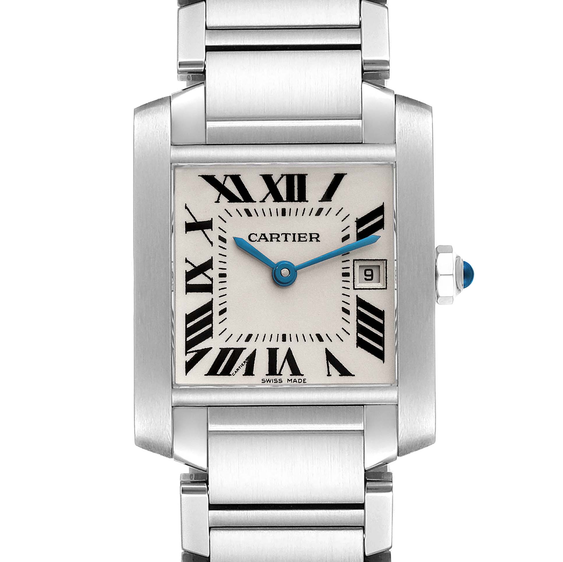 This image shows a front view of the Tank Française watch by Cartier, revealing the face, dial, and part of the bracelet.