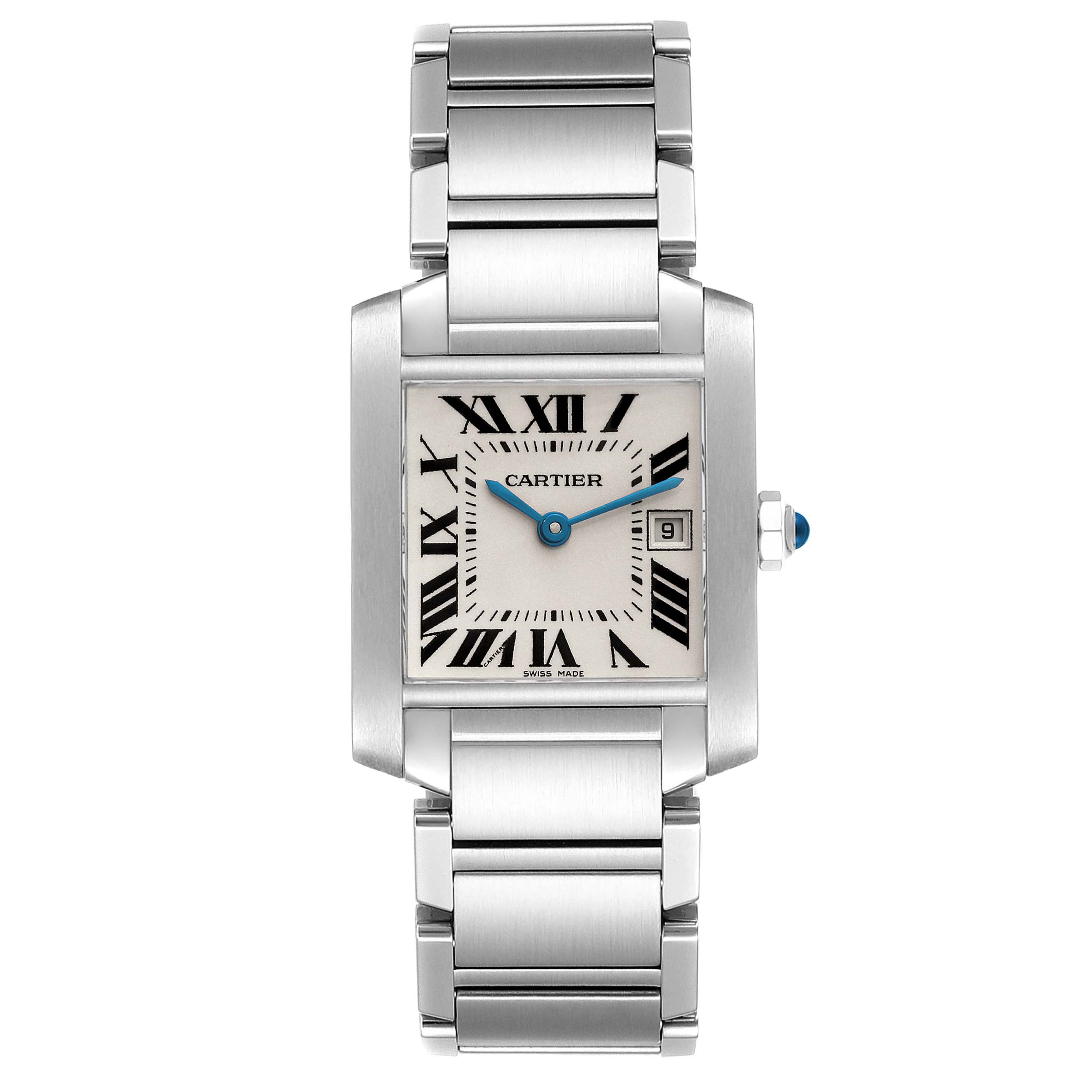 The image shows a front view of the Tank Francaise model by Cartier, displaying the watch face, bezel, bracelet, and crown.