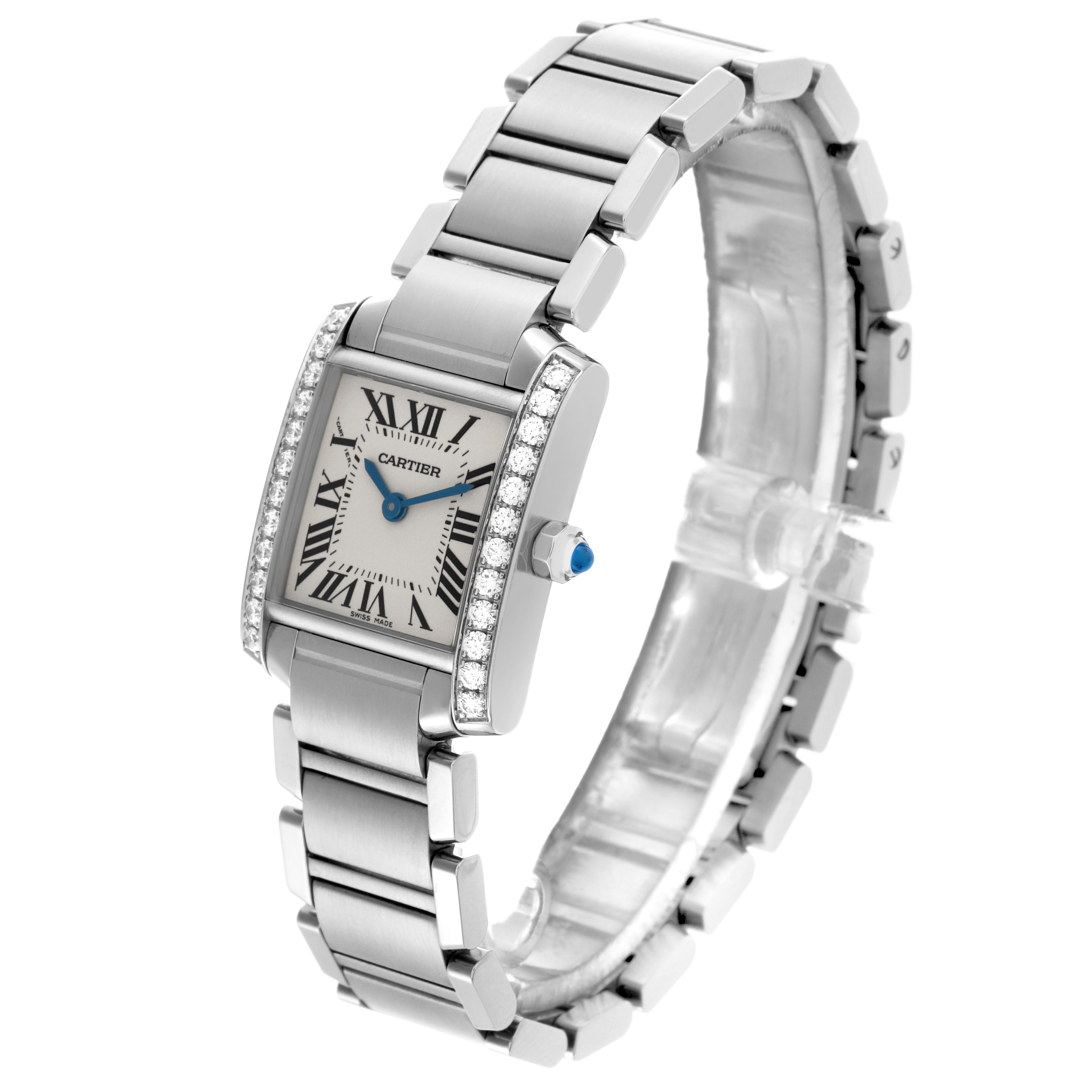 The Cartier Tank Francaise W4TA0008 Women
s Stainless Steel Silver Dial W4TA0008 Women
s Stainless Steel Silver Dial watch is shown at a three-quarter angle, highlighting the face, bezel, and bracelet.