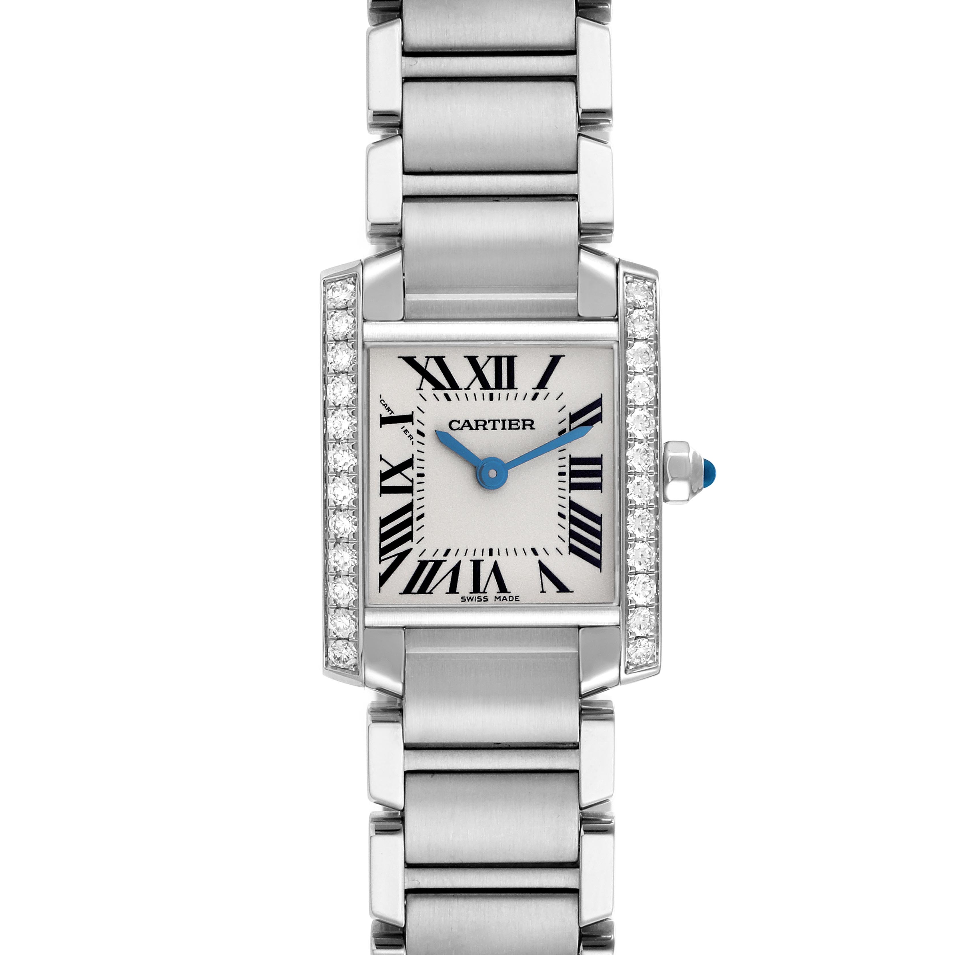 The Cartier Tank Française watch is shown from a front angle, highlighting its rectangular face, bracelet, and diamond accents.