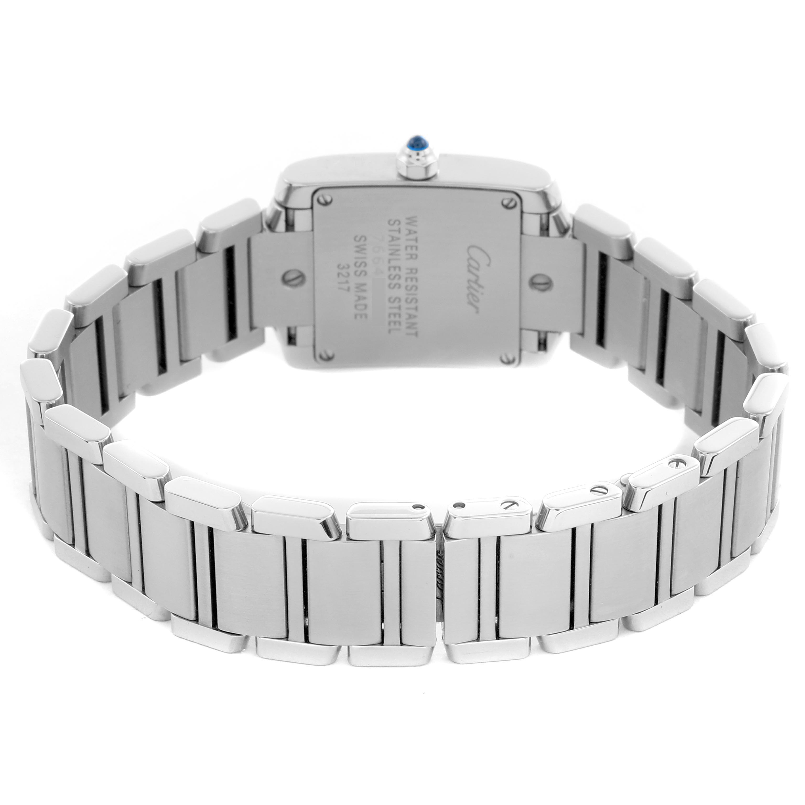The Cartier Tank Française watch is shown from the back, highlighting the stainless steel bracelet and case back.