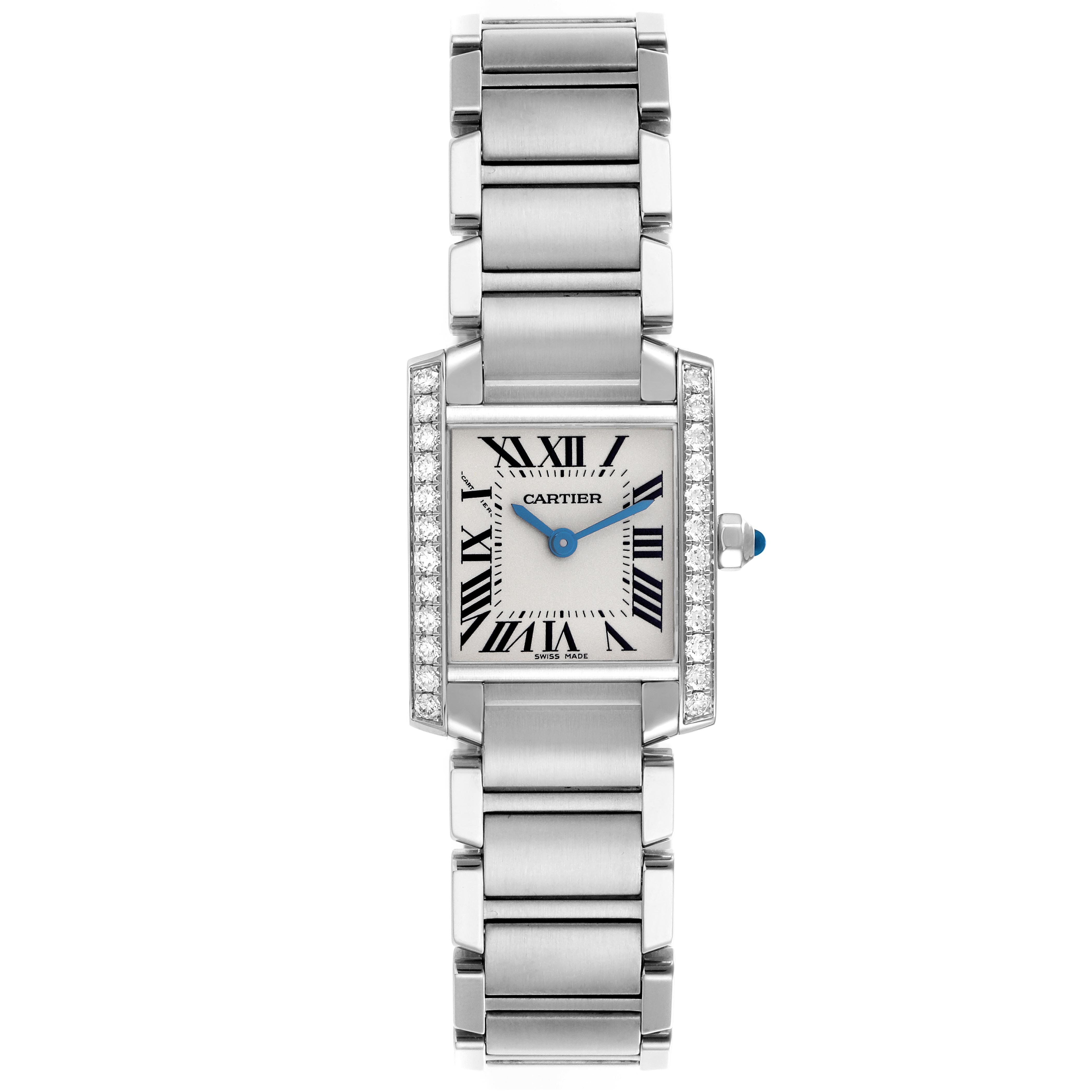The Cartier Tank Française watch is shown from the front, highlighting its face, bracelet, and diamond accents.