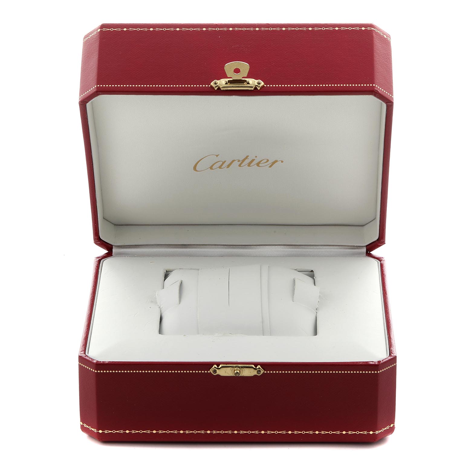 The image shows an open Cartier watch box for the Tank Française model, viewed from the front, highlighting the interior and branding.