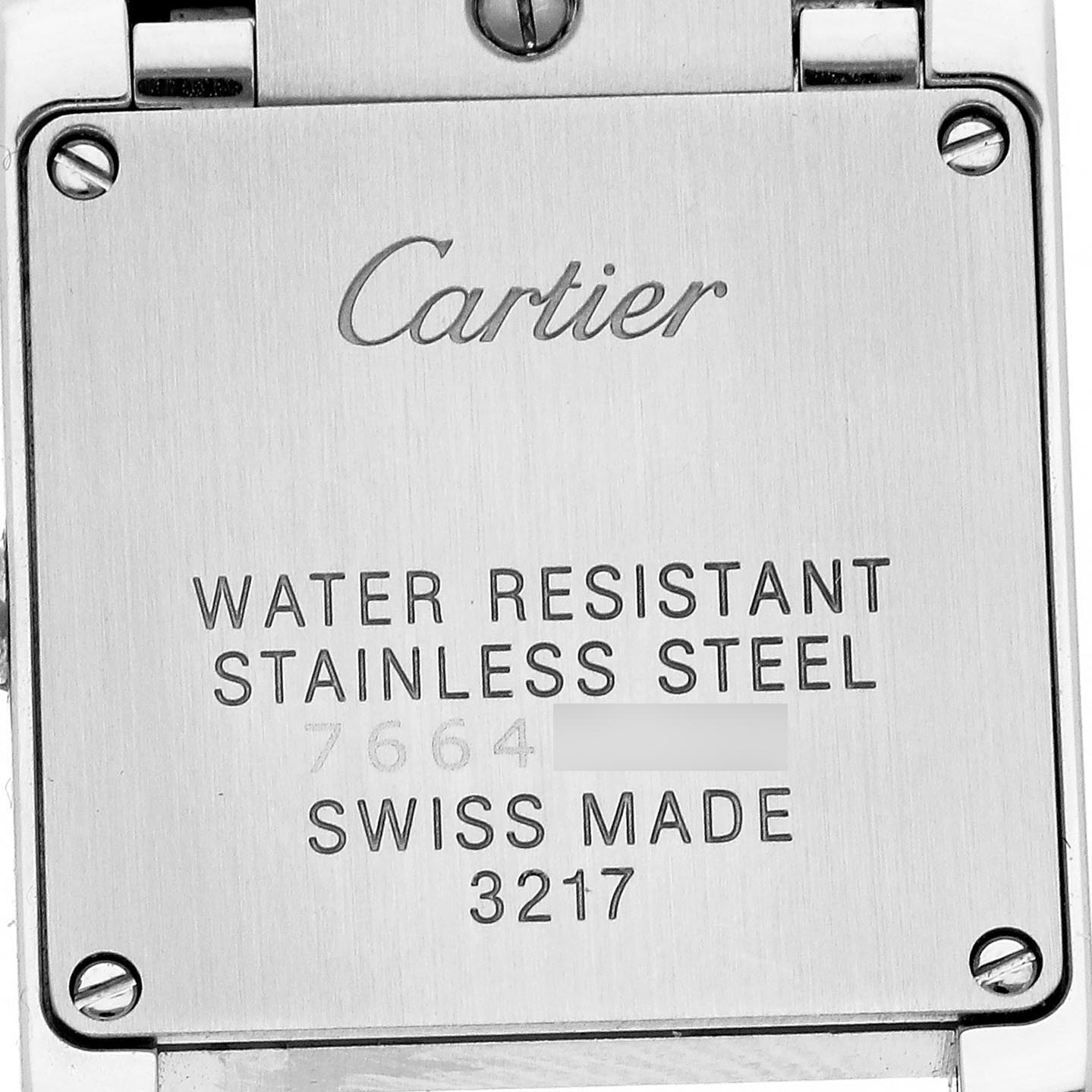 The image shows the back case of the Cartier Tank Française watch, emphasizing its water resistance and stainless steel composition.