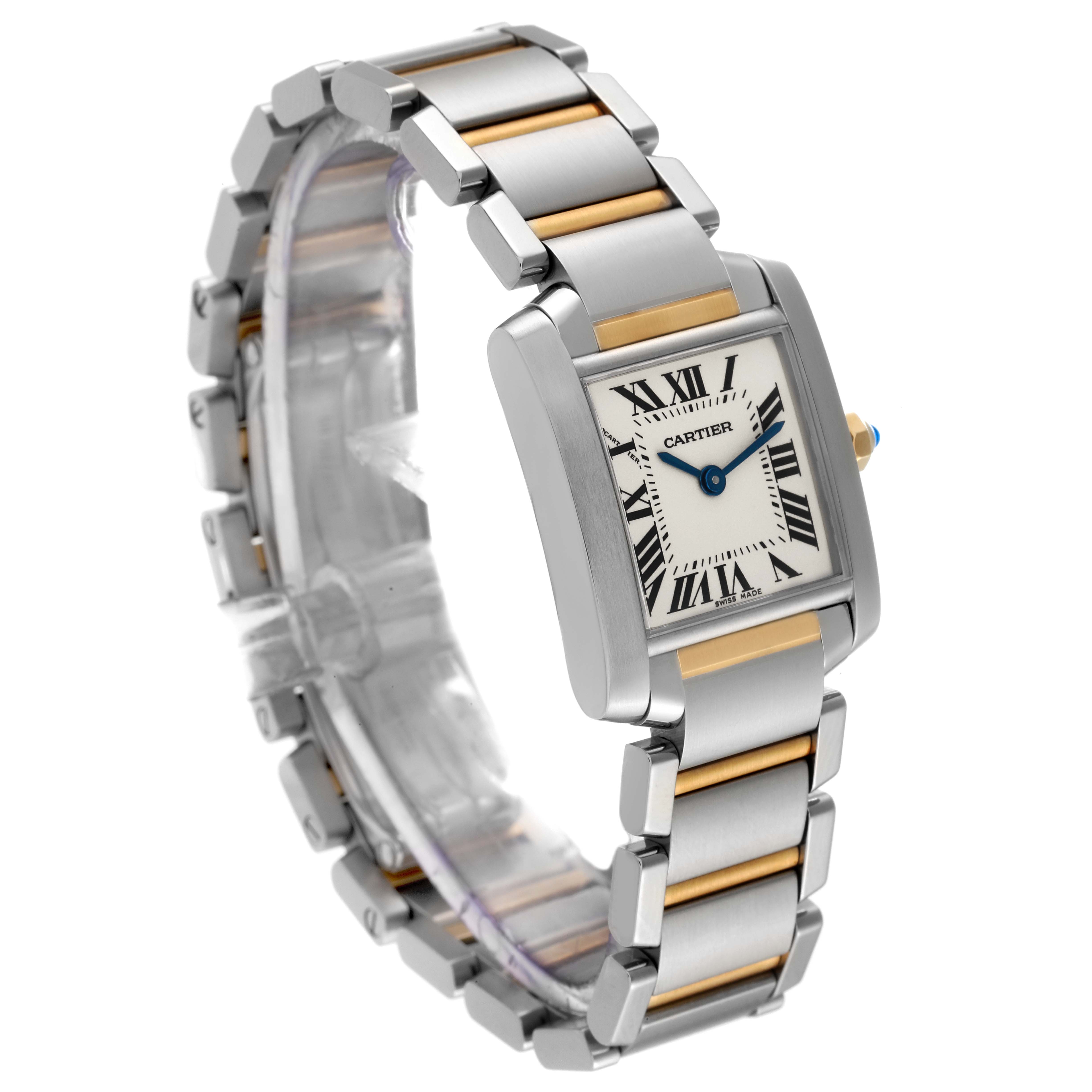 The image shows a Cartier Tank Francaise W51007Q4 Women's Steel and Gold (two tone) Silver Dial W51007Q4 Women's Steel and Gold (two tone) Silver Dial watch from an angled side view, highlighting the rectangular face and metal bracelet.