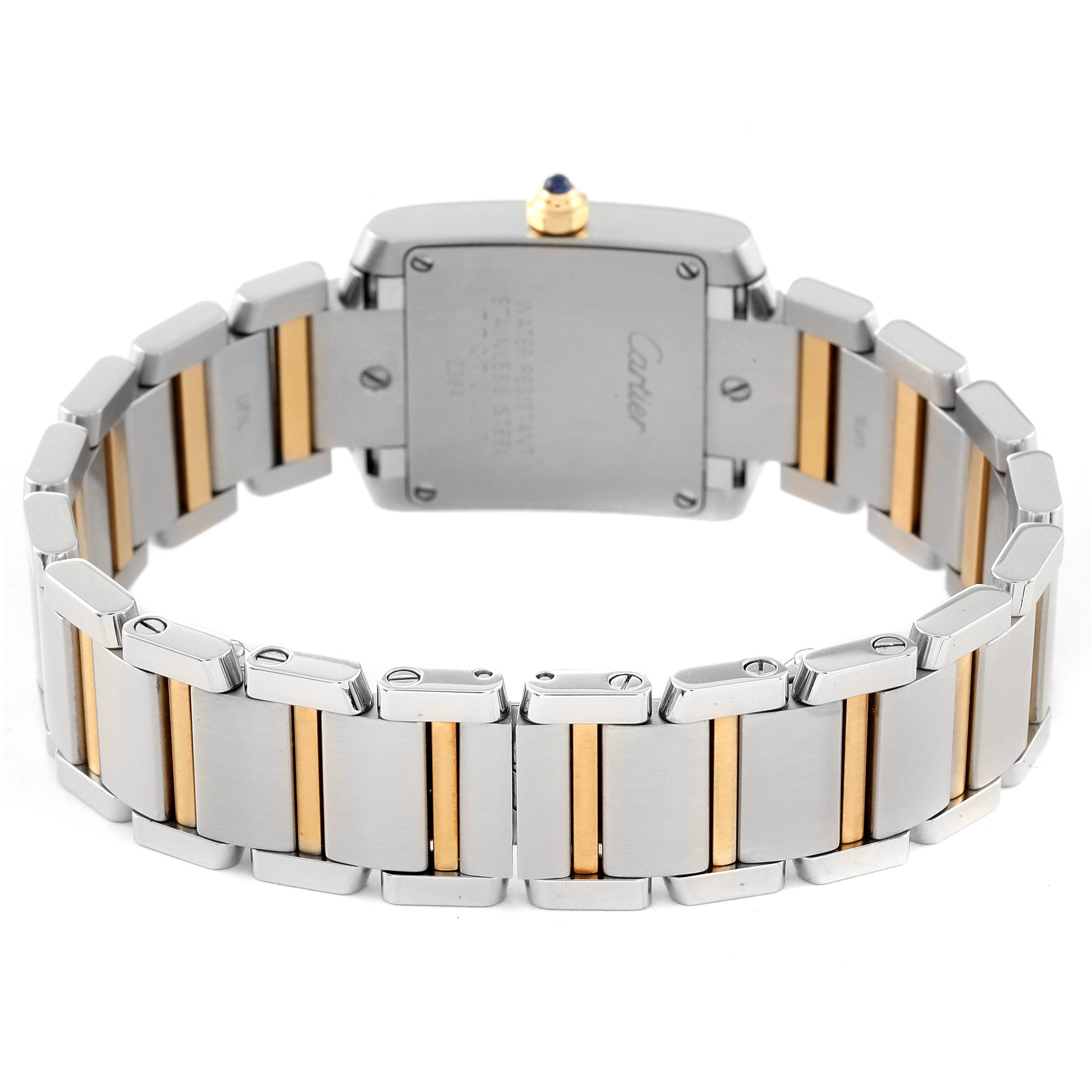 This image shows the back view of the Cartier Tank Française watch, focusing on the case back and metal bracelet.